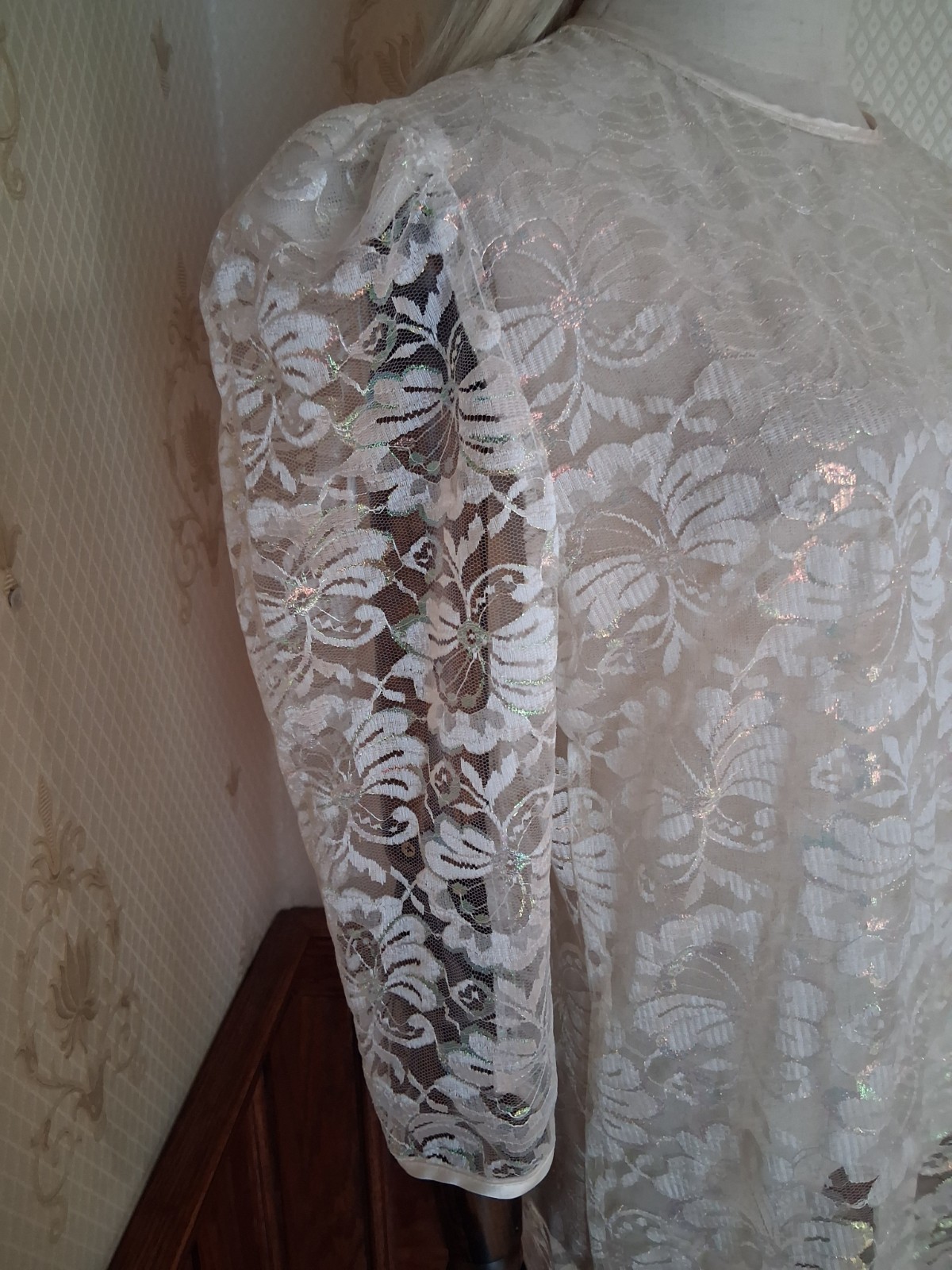 Vintage 1980s Desiree Ivory Sheer Iridescent Lace Romantic Coquette Mini-Dress