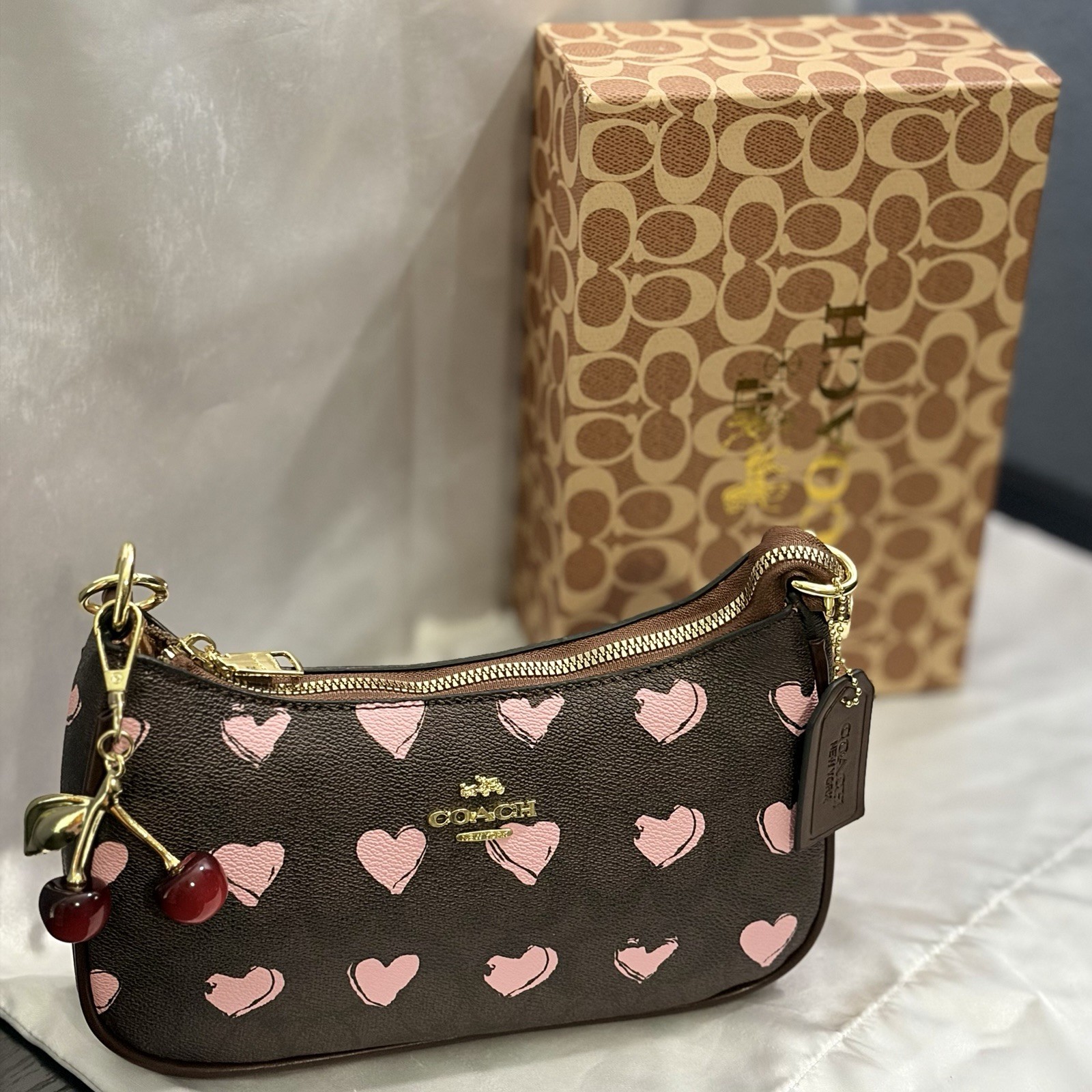 Coach Brown Pink Heart Print Zip Shoulder Bag Chain Strap Gold Hardware Charm
