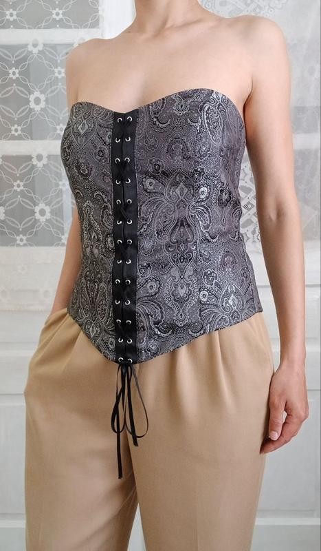 Orsay Black Silver Paisley Strapless Corset Bustier Top Lace-Up Boned Zipper