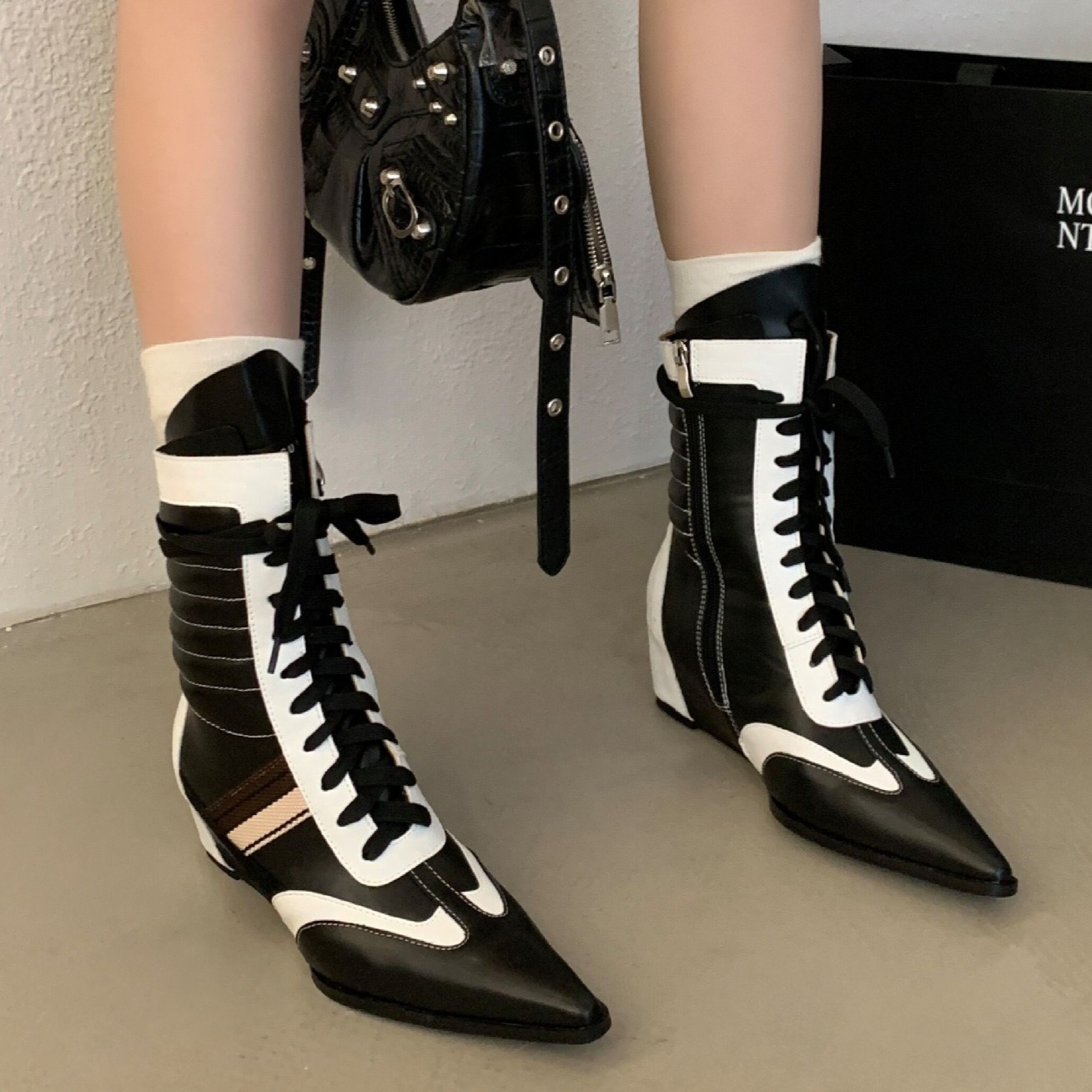 Women’s Pointed Toe Ankle Short Boots Two Tone Color Block Patchwork Shoes 2026