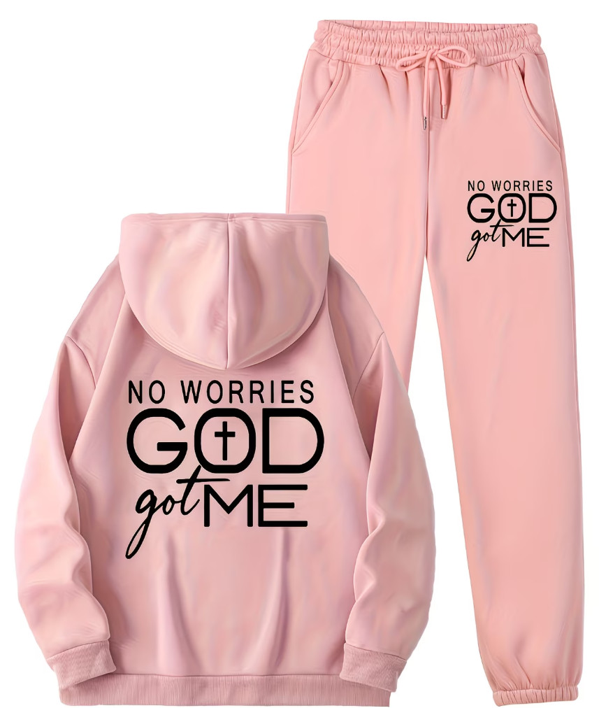 Women No Worries God Got Me Hoodie & Pants Set 2PC Sportswear Gym Suit S-XXL
