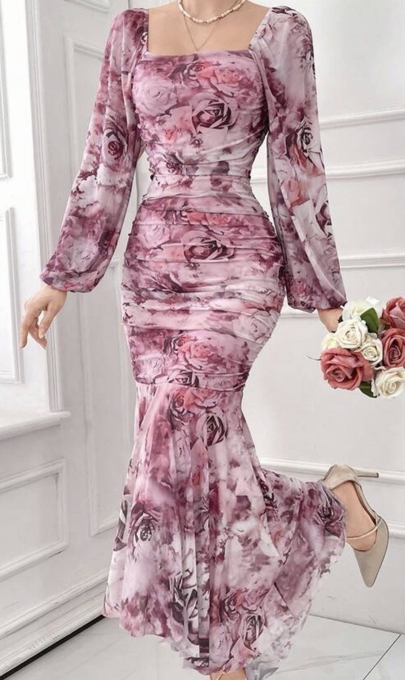 Pink Floral Ruched Square Neck Puff Long Sleeve Mermaid Maxi Dress Small