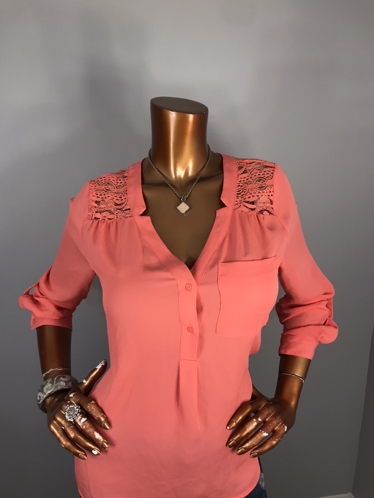 Candie’s L Top Lace Mesh Yoke NWT $38 Coral 1/2 Button Up Shirt Blouse Low V Cut