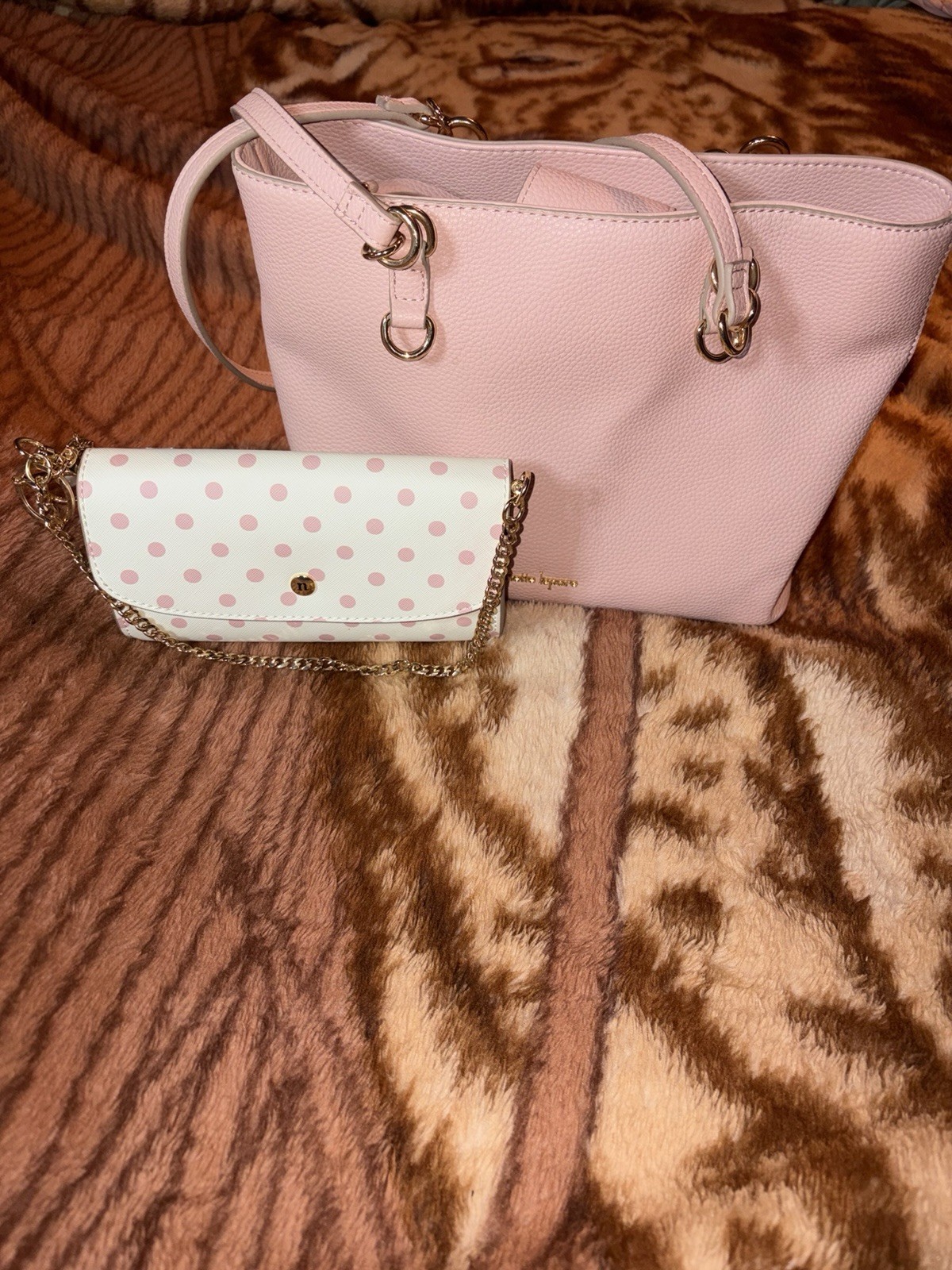 Nanette Lepore Womens Pink White Double Handle Shoulder Tote Handbag W/ Wallet