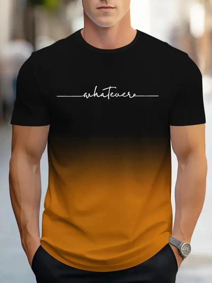 Men’s Vintage Gradient Print Casual Tee Shirt Breathable Polyester O-Neck