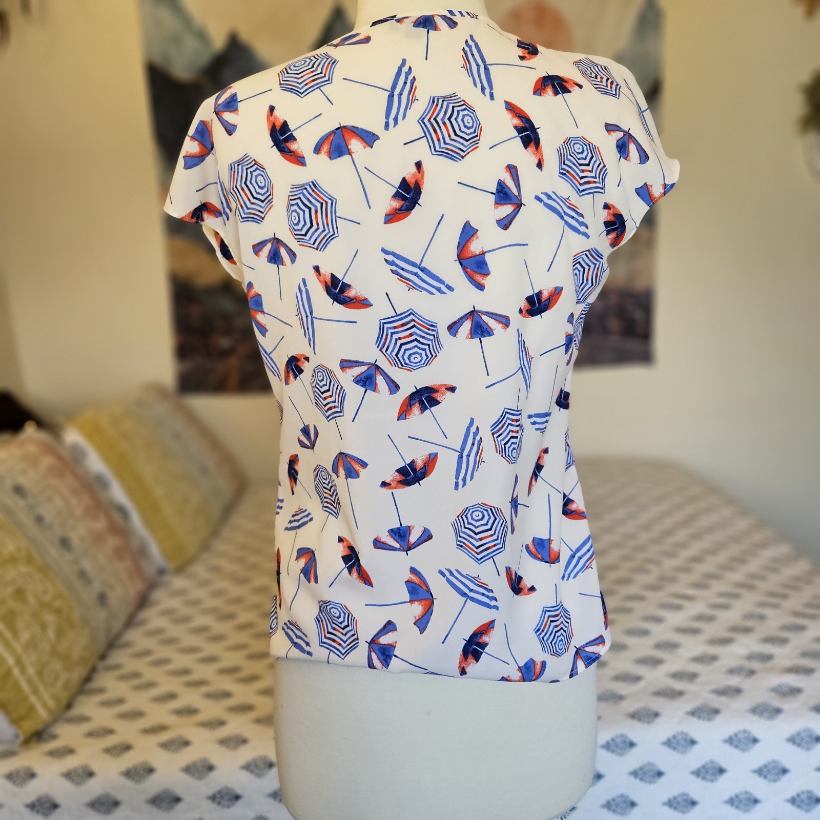 Talbots Petite PS Umbrella Print Blouse Cap Sleeve Nautical Beach Top Small