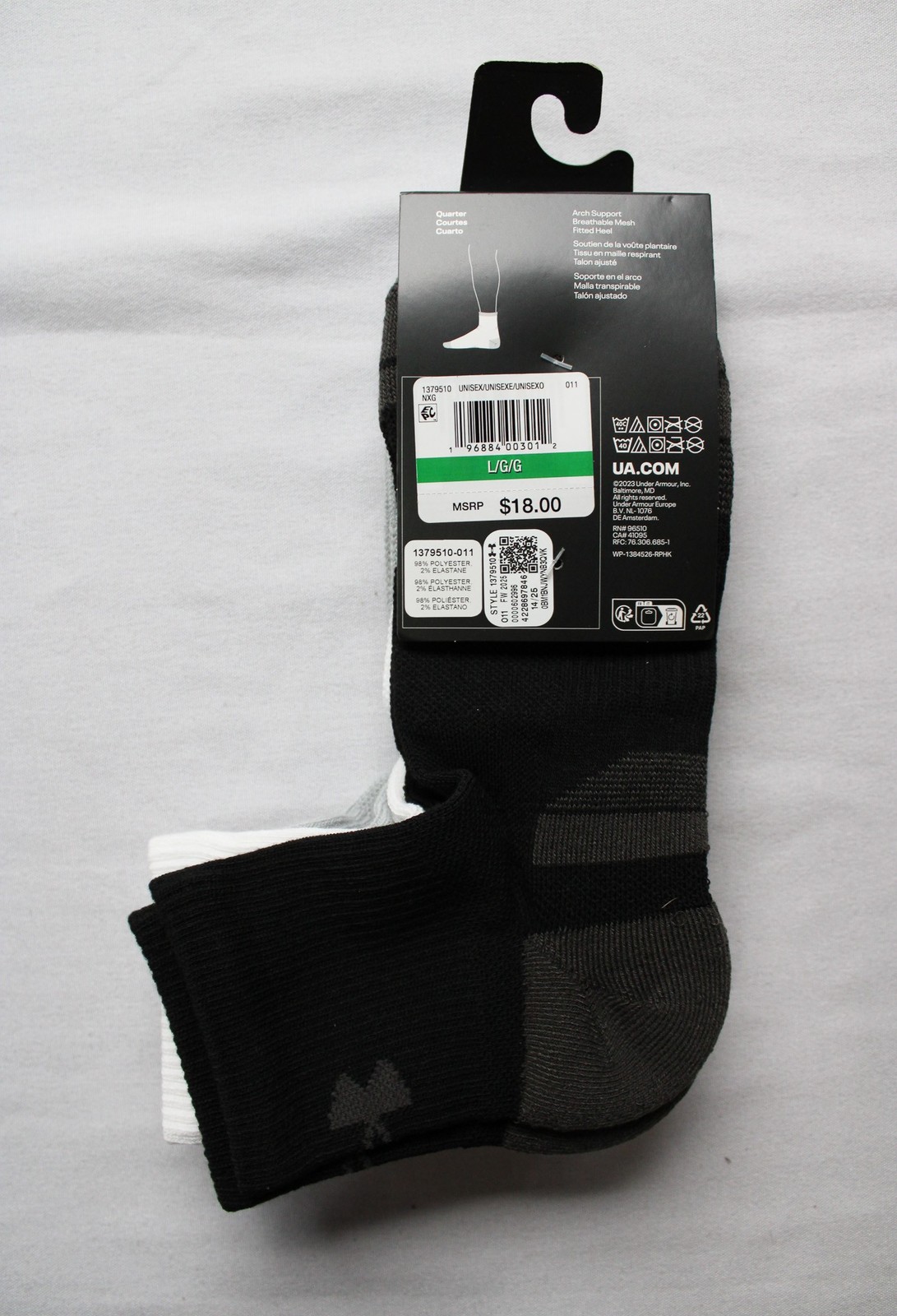 Under Armour Unisex 3-Pk UA Performance Tech Quarter Crew Socks ZG3 Grey Large