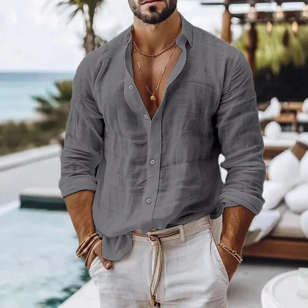 Men Cotton Linen Summer Beach Shirt Solid Color Breathable Button Top