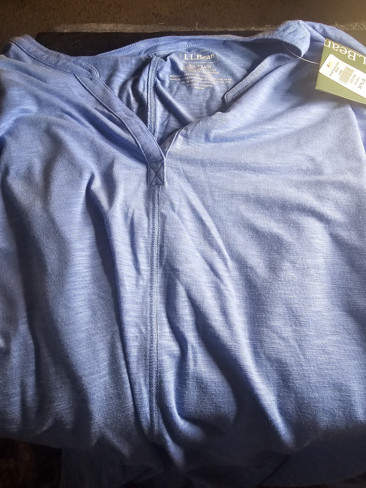 LL Bean Streamside Tee Womens 3X Plus Arctic Blue Split Neck 3/4 Sleeve