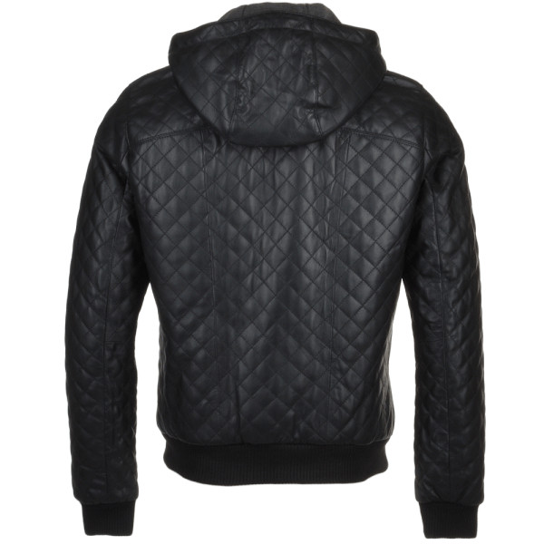 Men’s Real Leather Black Bomber Jacket Quilted Hoodie Winer Autumn Hooded Jacket