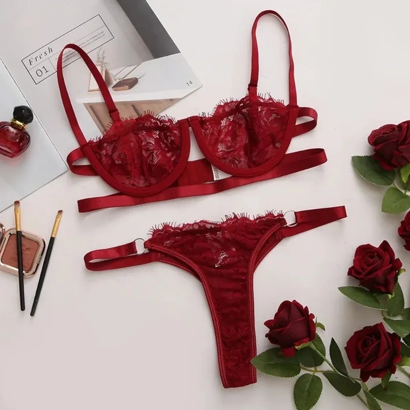 Women’s Lace Embroidered Bra Set Sheer Mesh Push Up Lingerie Underwear Set