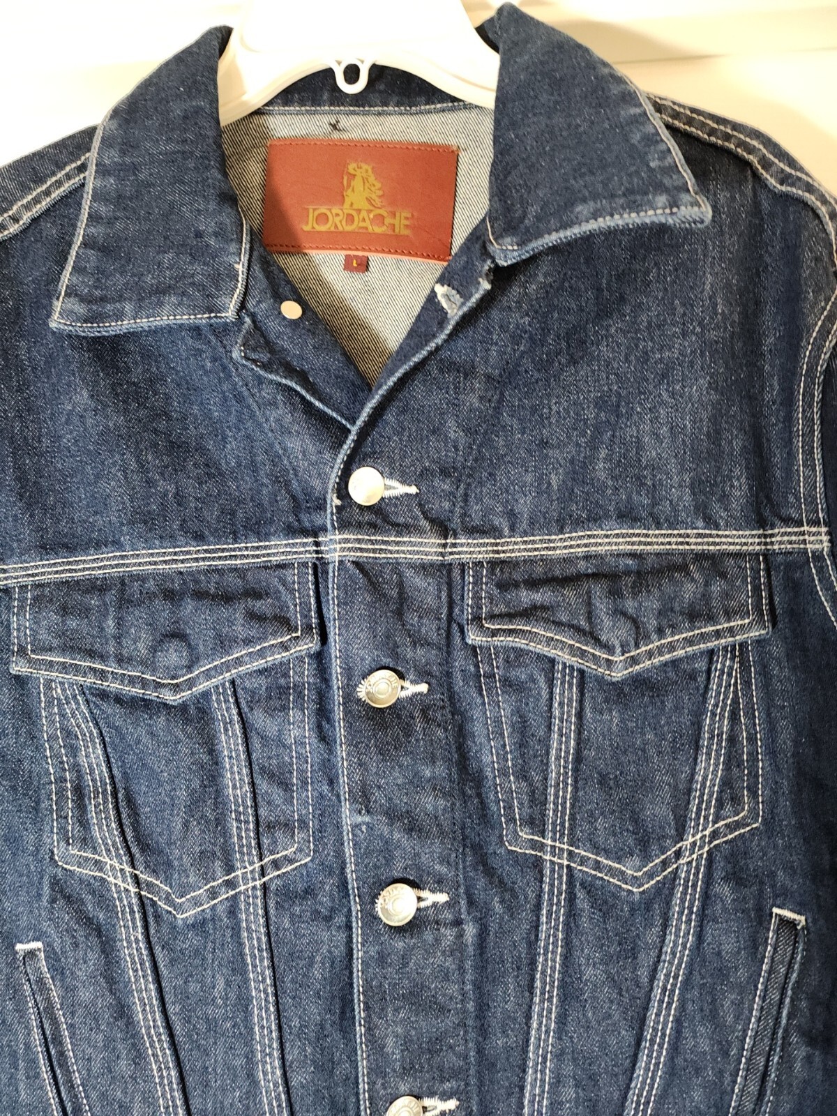 Jordache Womens Jean Jacket Crop Denim Blue Trucker 80s 90s Cotton Logo Lg