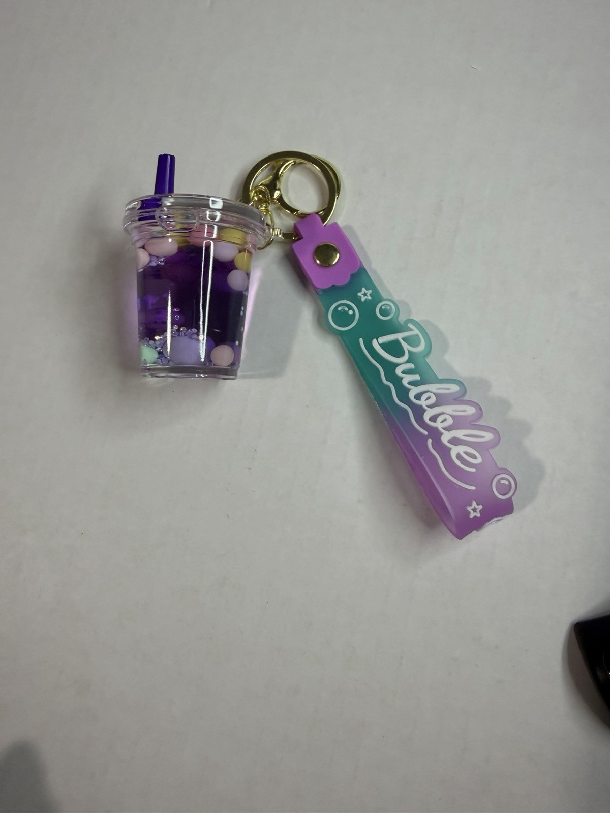 Bubbles Key Chain Keyring Purple Teal Plastic Drink Cup Charm w/ Strap Accent