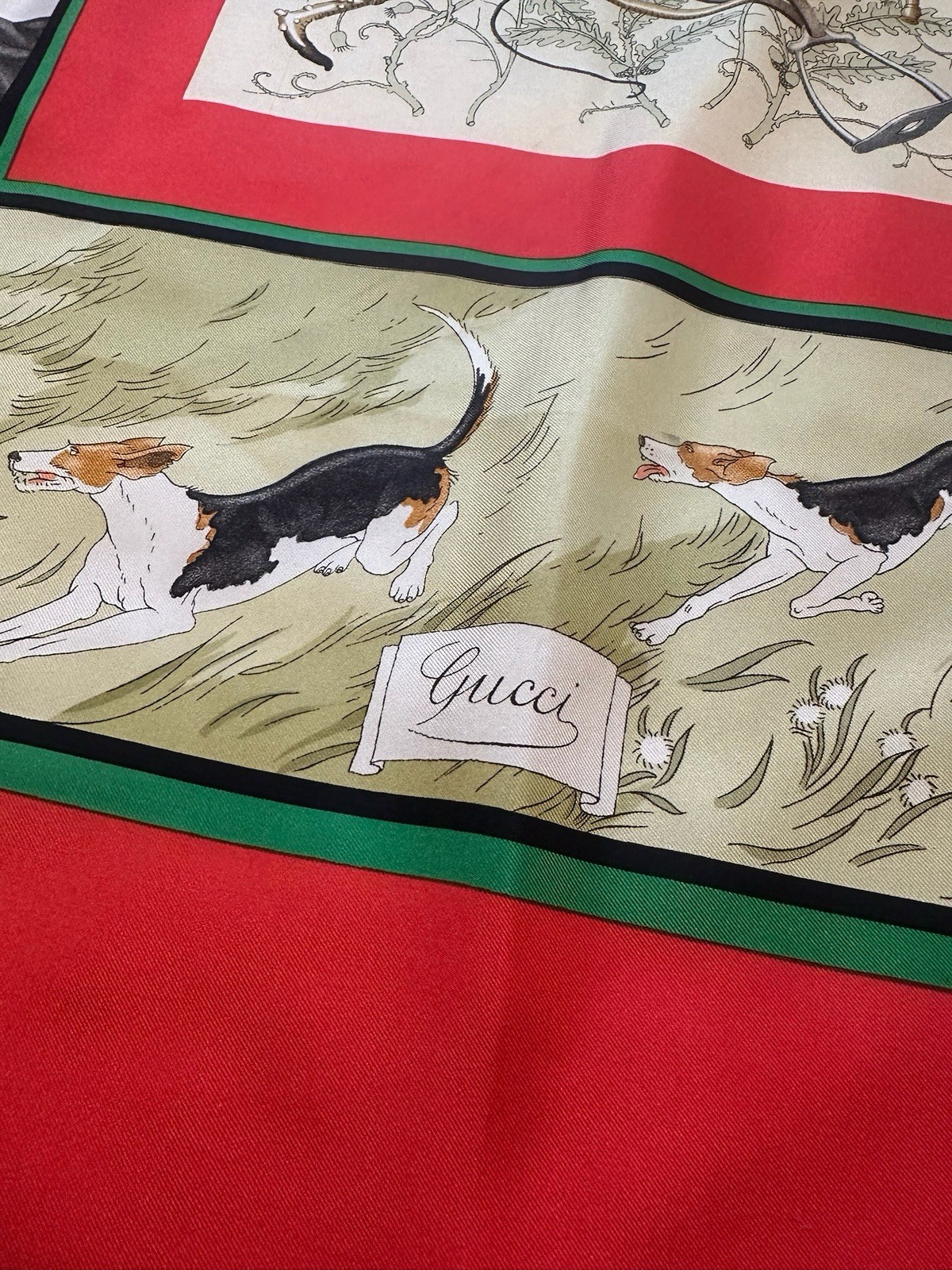 Gucci Silk Twill Square Scarf Red Green Equestrian Hunting Print Logo