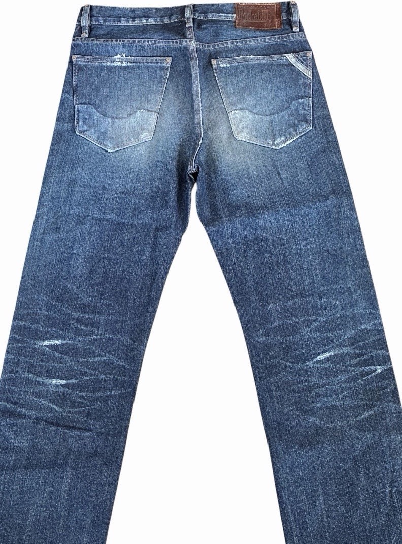Rockabilly Blue Denim Straight Jeans Distressed 5-Pocket Logo Solid