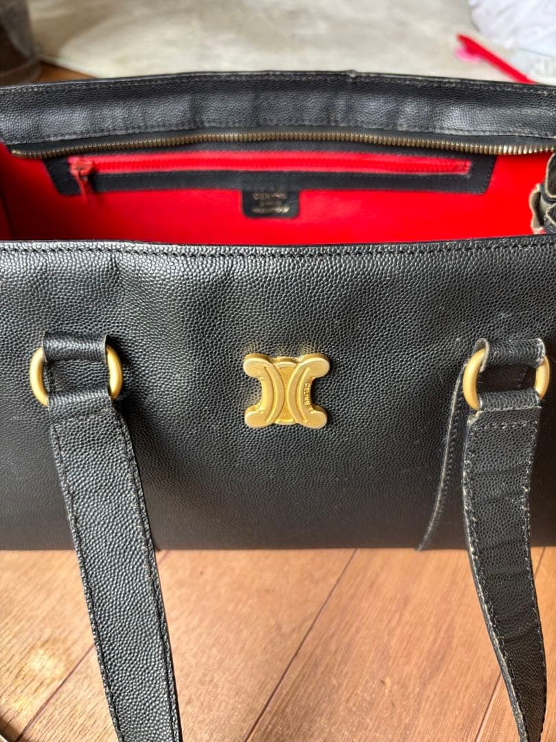 Celine Black Leather Handbag Vintage Gold Hardware Red Lining Auth