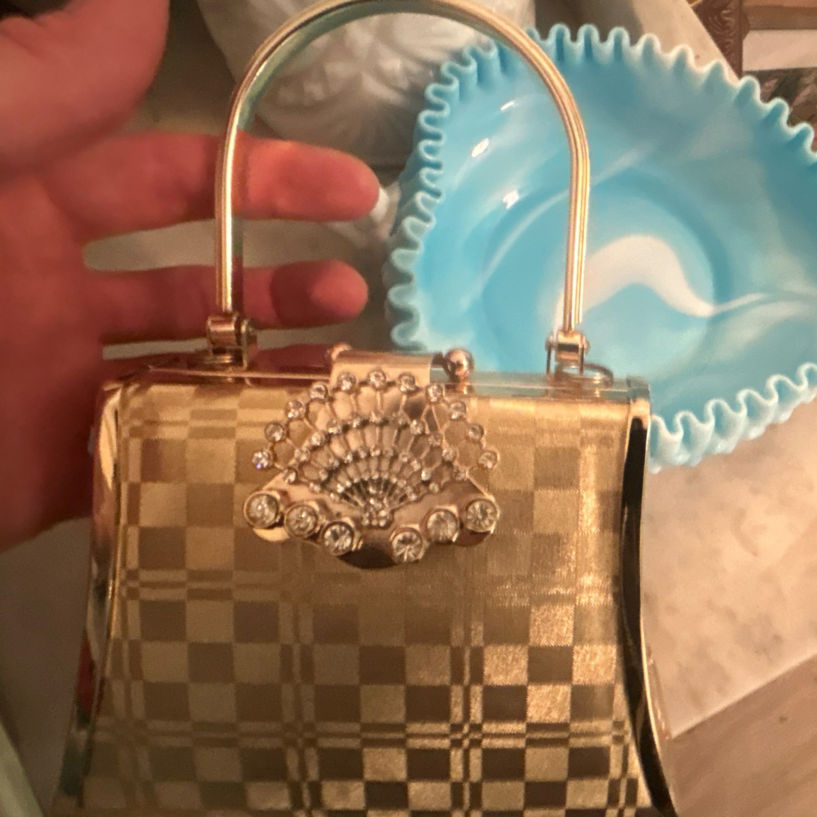Gold Metallic Check Rhinestone Box Clutch Top Handle w/ Detachable Strap