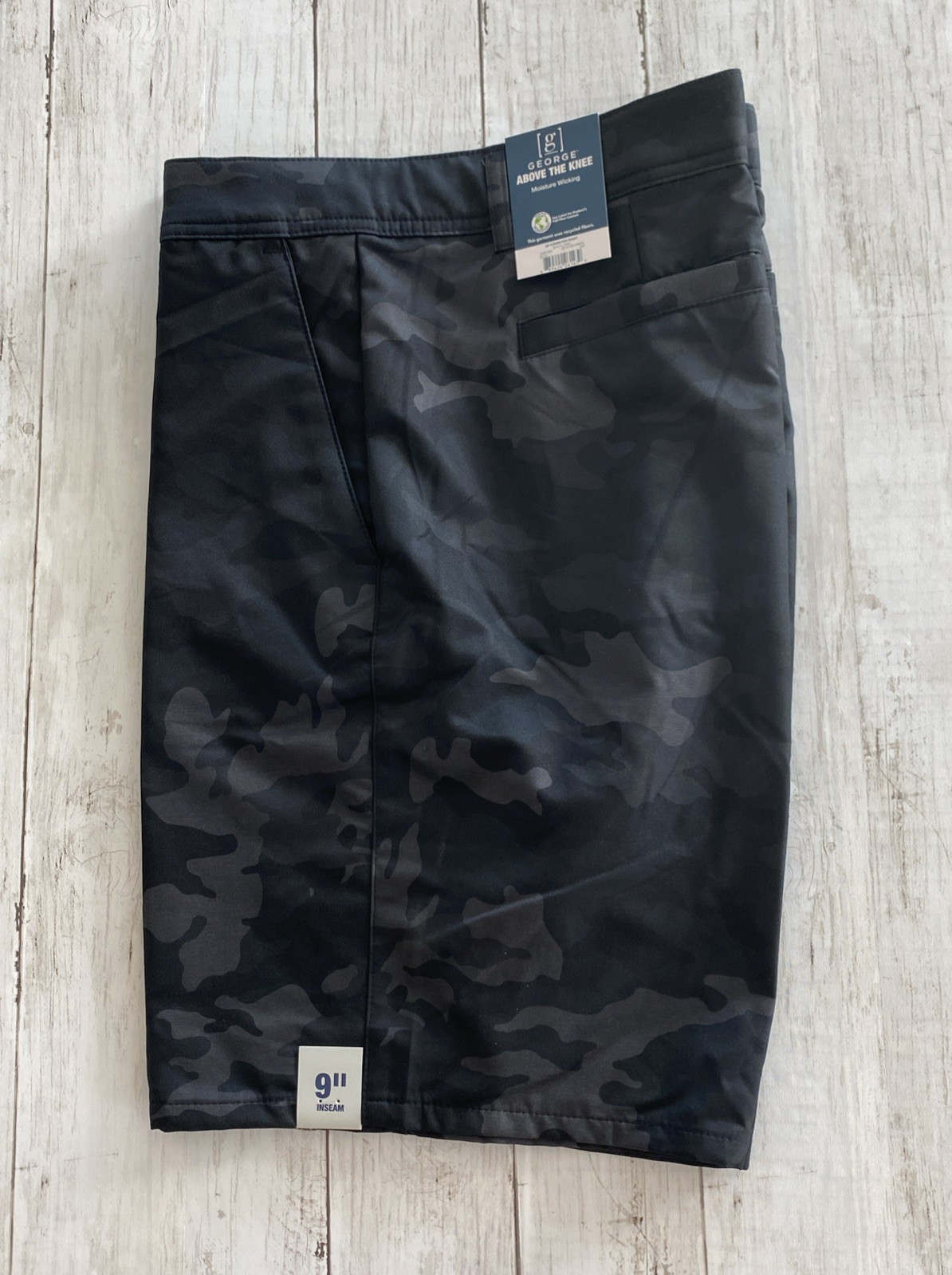 George Men’s Commuter Shorts 9” Stretch Twill Media Pocket Black Camo Size 38