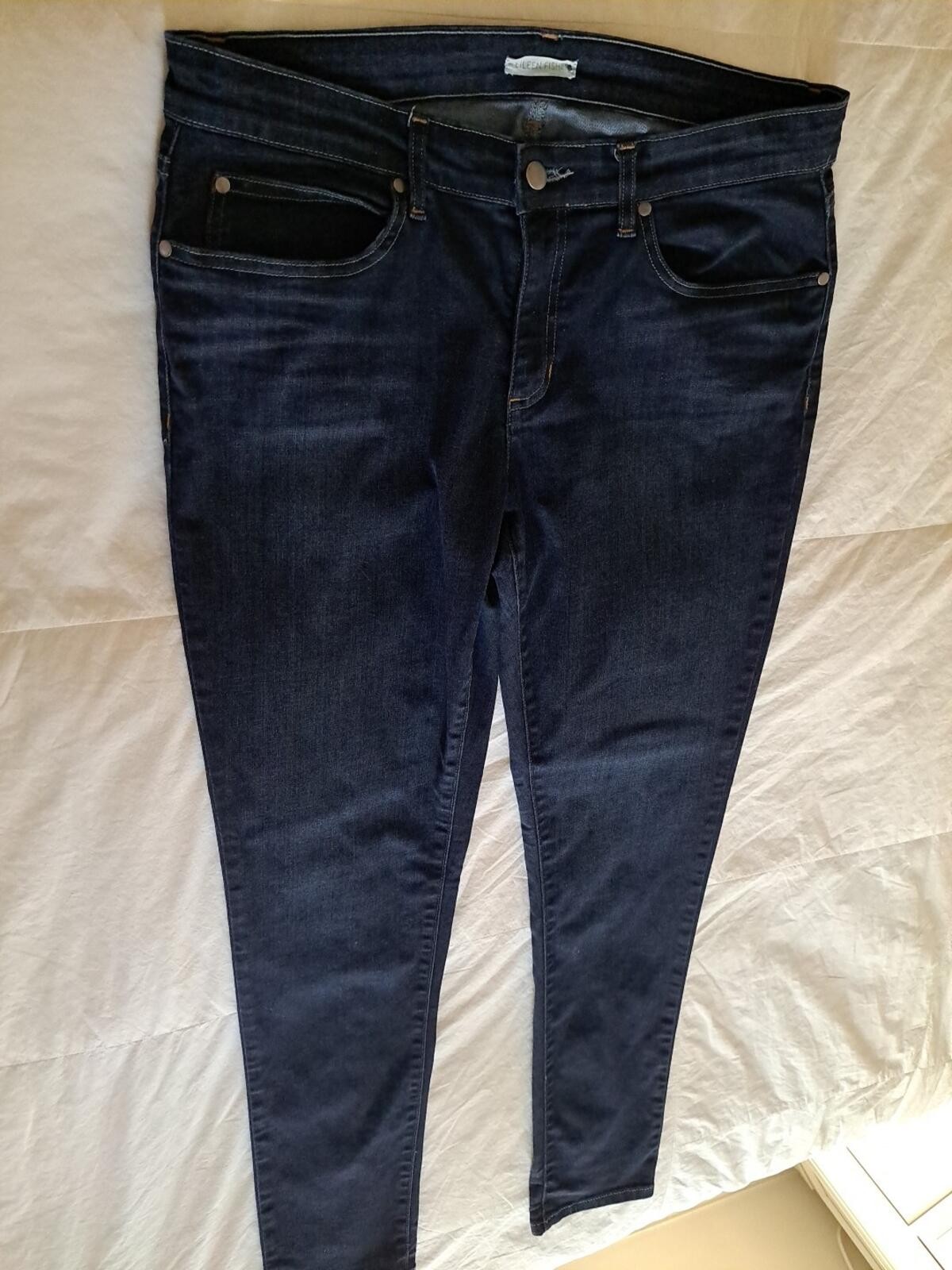 Eileen Fisher Blue Jeans Sz 12 EUC 5 Pkt Tapered Returns Accepted 34×31