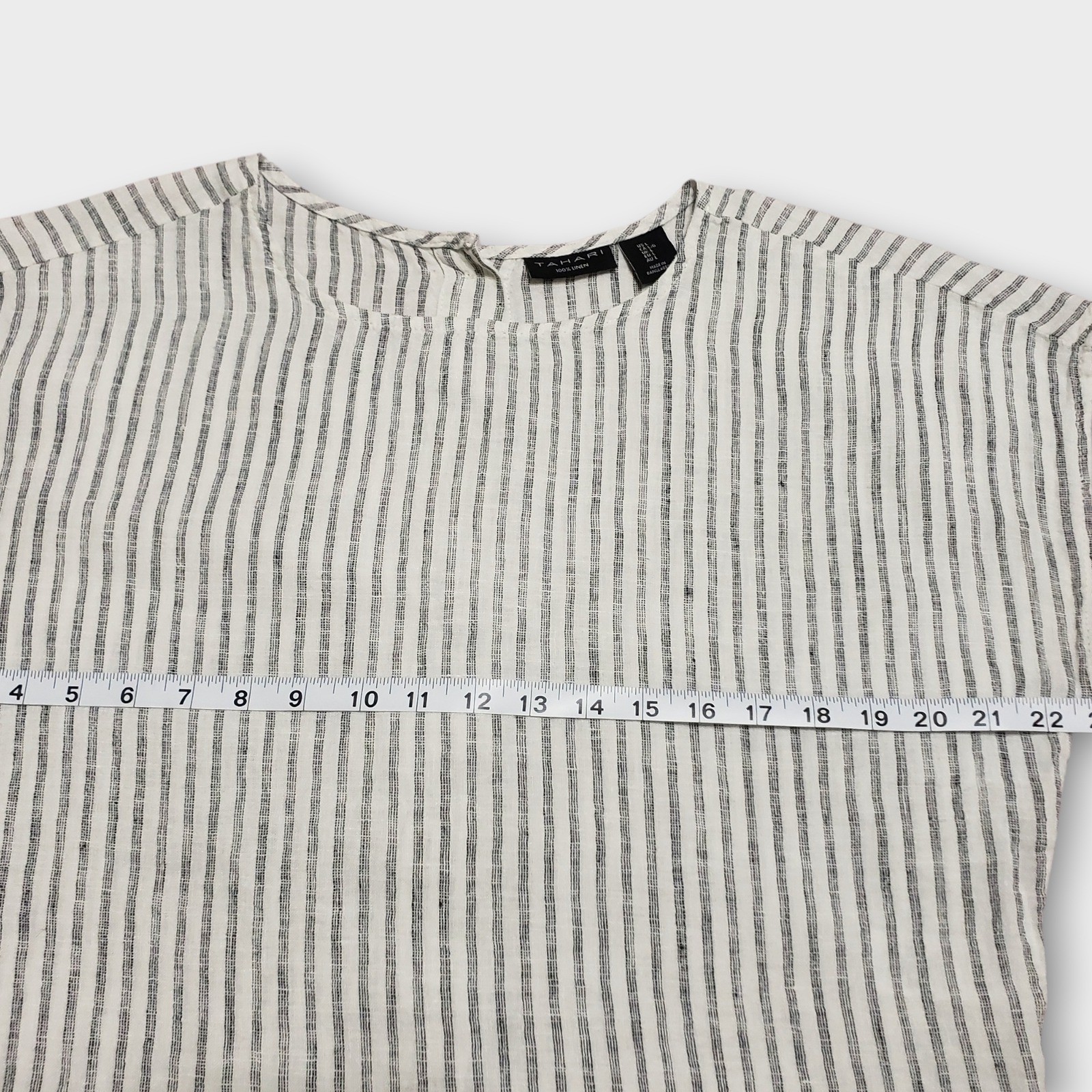 Tahari Linen Boxy Crop Top Cap Sleeve Button Decor White Black Stripe Large