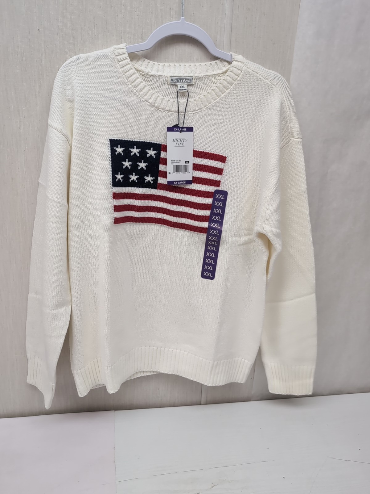 Wmns Mighty Fine Midweight Crew Neck Americana Sweater Cream Flag Sz 2XL
