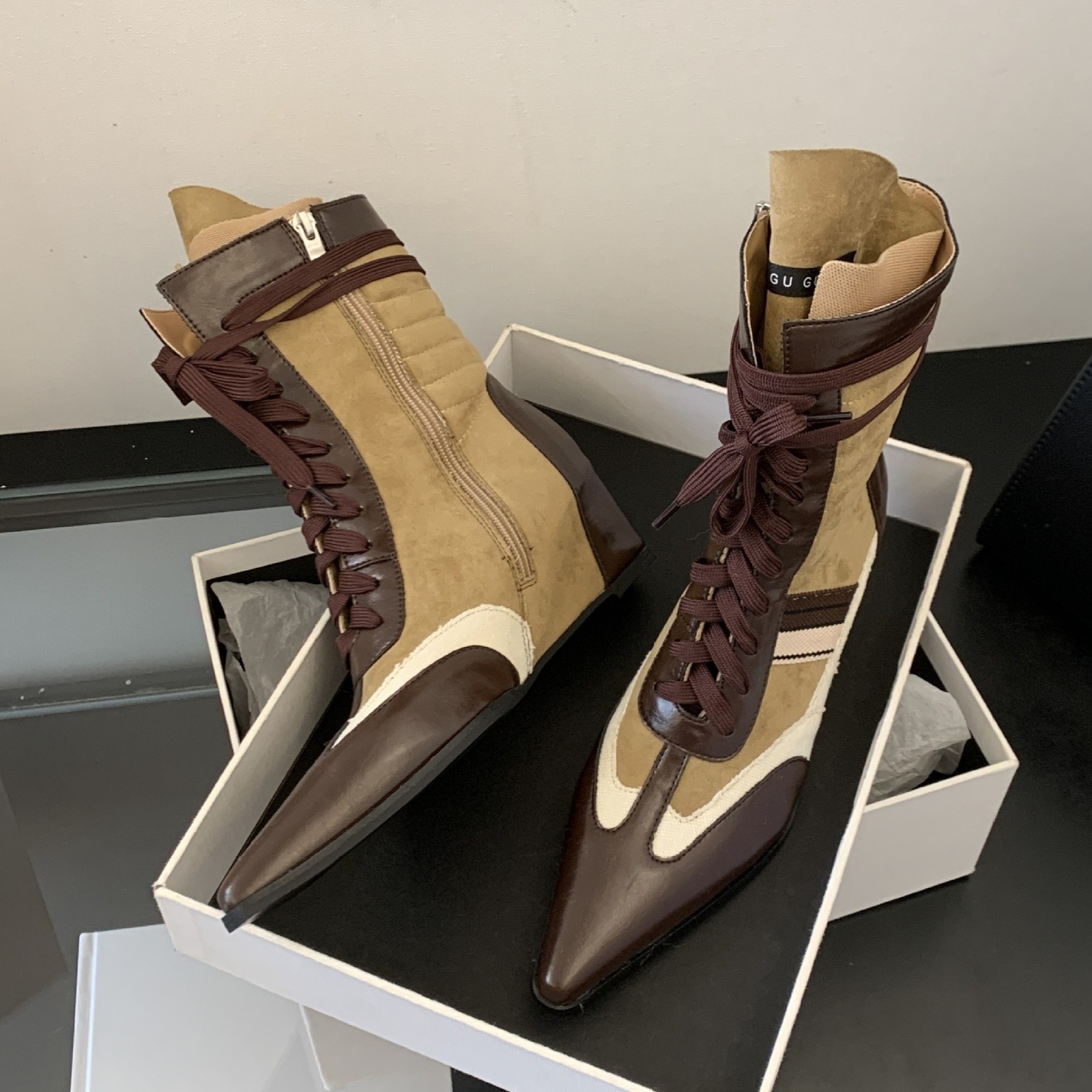Women’s Pointed Toe Ankle Short Boots Two Tone Color Block Patchwork Shoes 2026