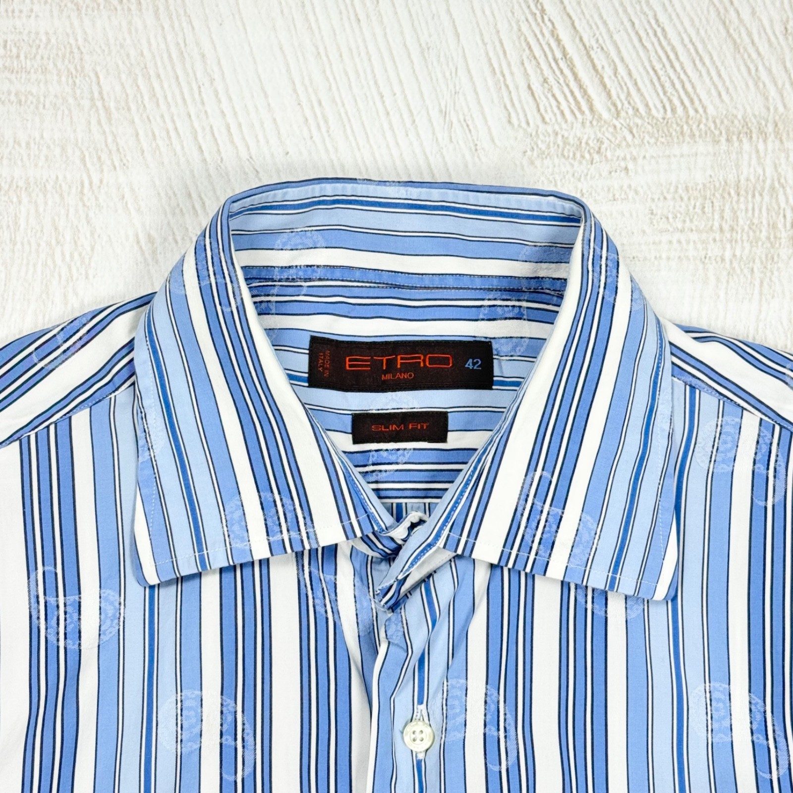 ETRO Milano Men’s Slim Fit Striped Paisley White Blue Cotton Dress Shirt 42