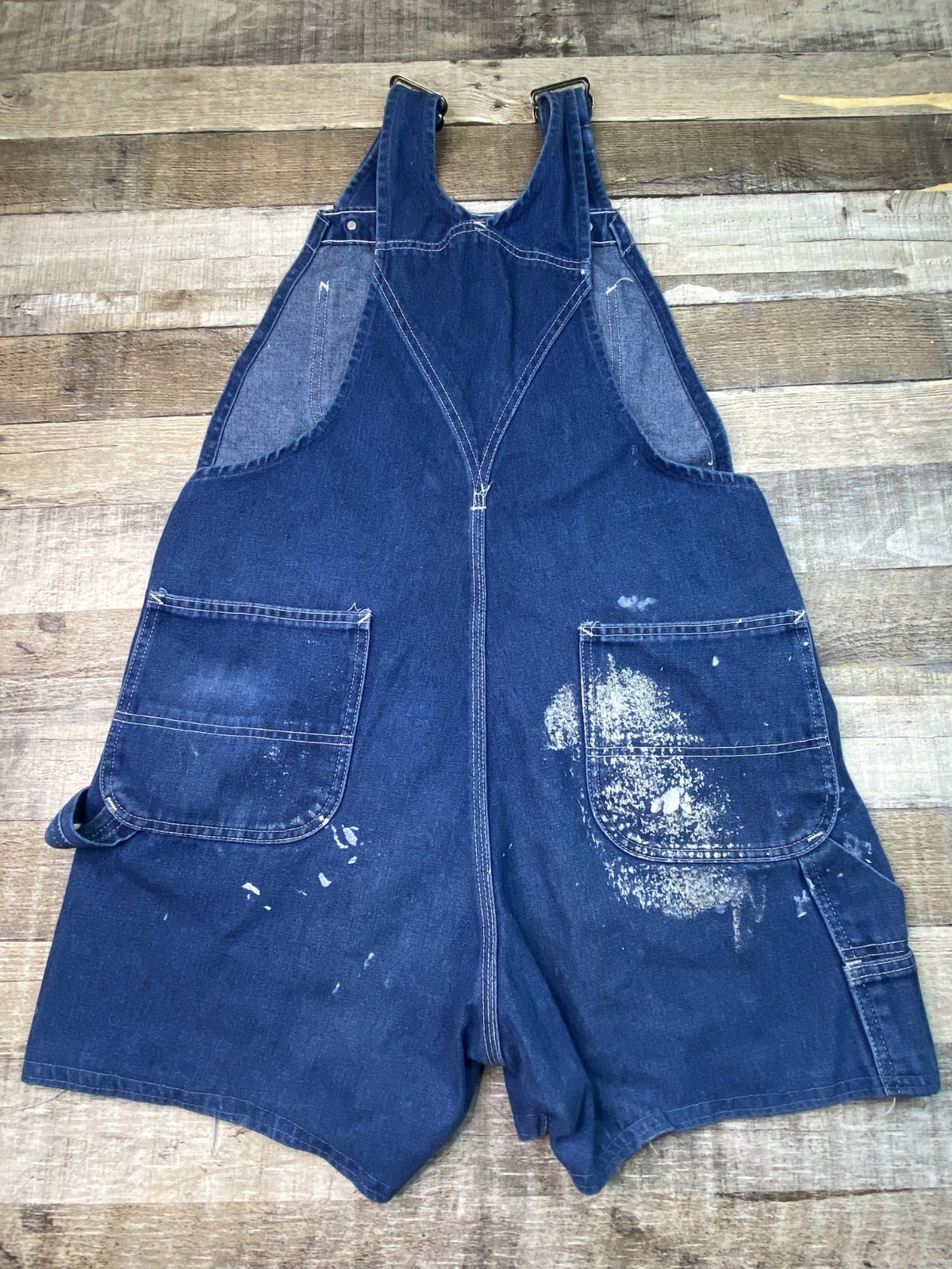 Vintage Sears Denim Jean Overalls Cut Off Shortalls Womens L Carpenter Paint 90s