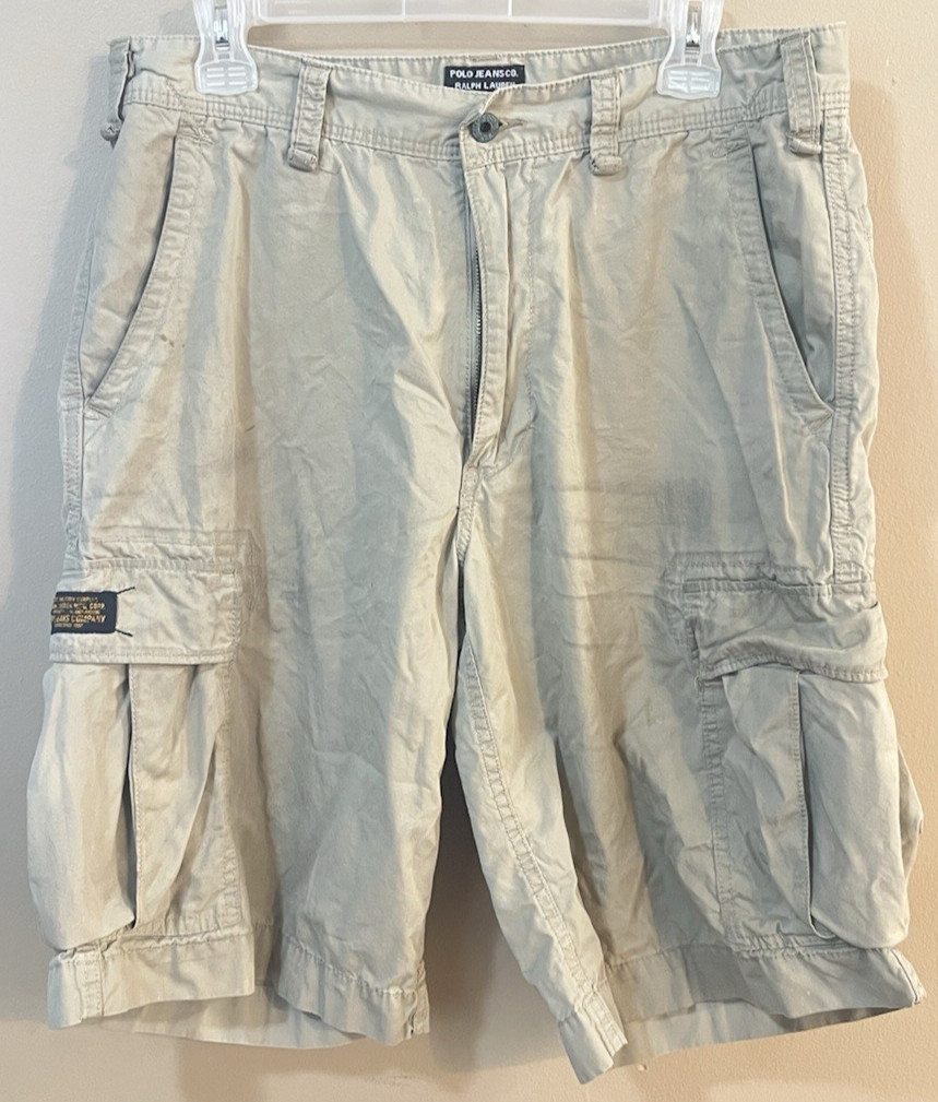 Polo Jeans Co Ralph Lauren Men 34 Vintage Cargo Shorts Khaki Tan 100% Cotton GUC