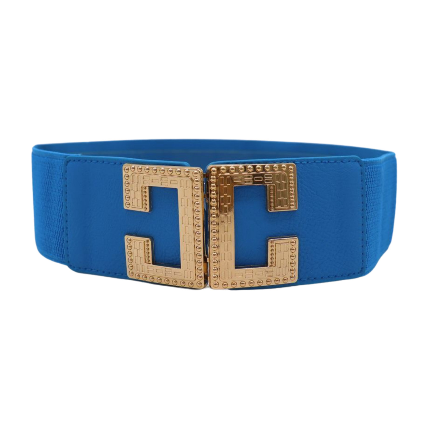 Women Blue Elastic Wide Fashion Belt Hip High Waist Gold Metal C Buckle Size S M