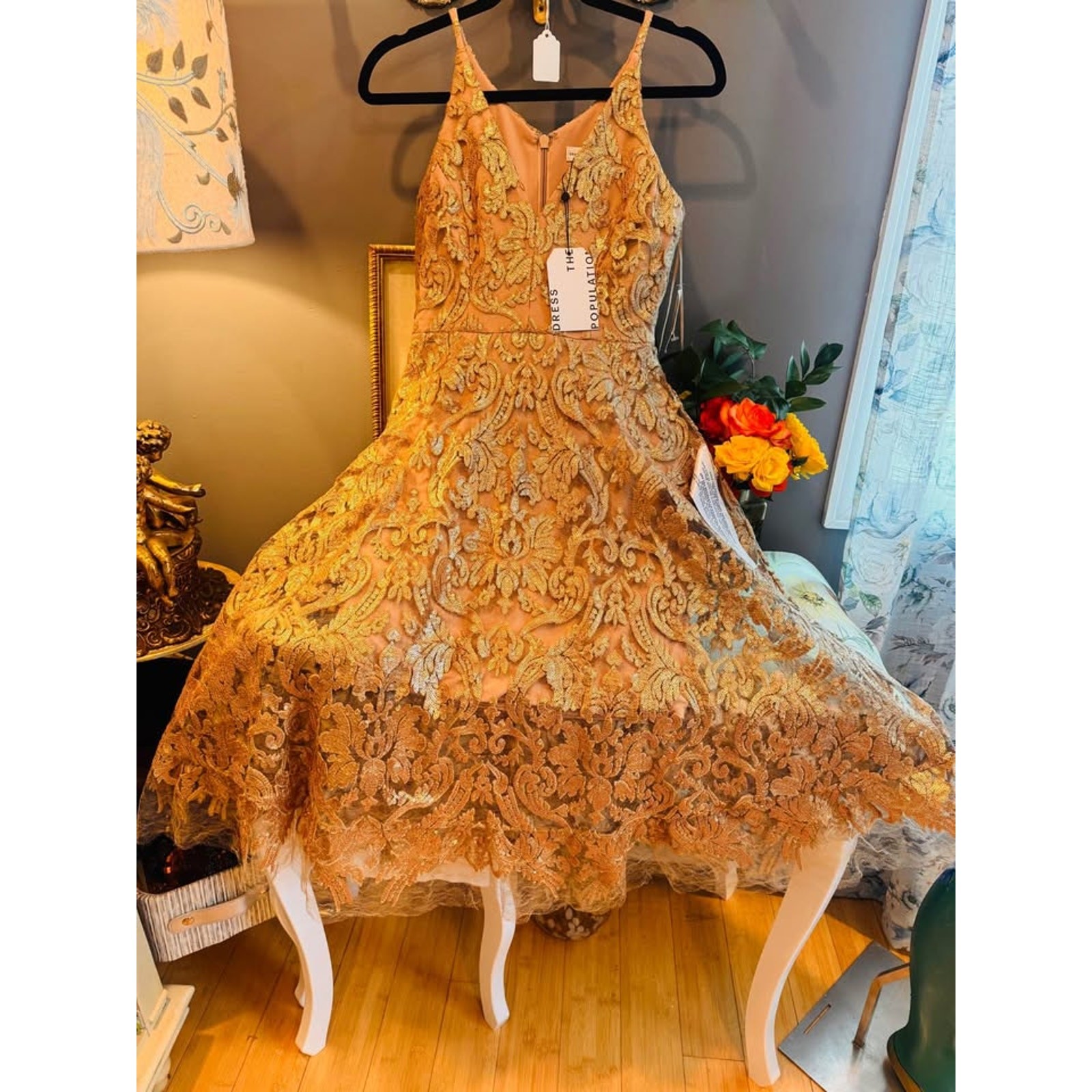 Dress The Population Goldi Nude & Gold Sequin Lace Cocktail Dress XS ✨🥂