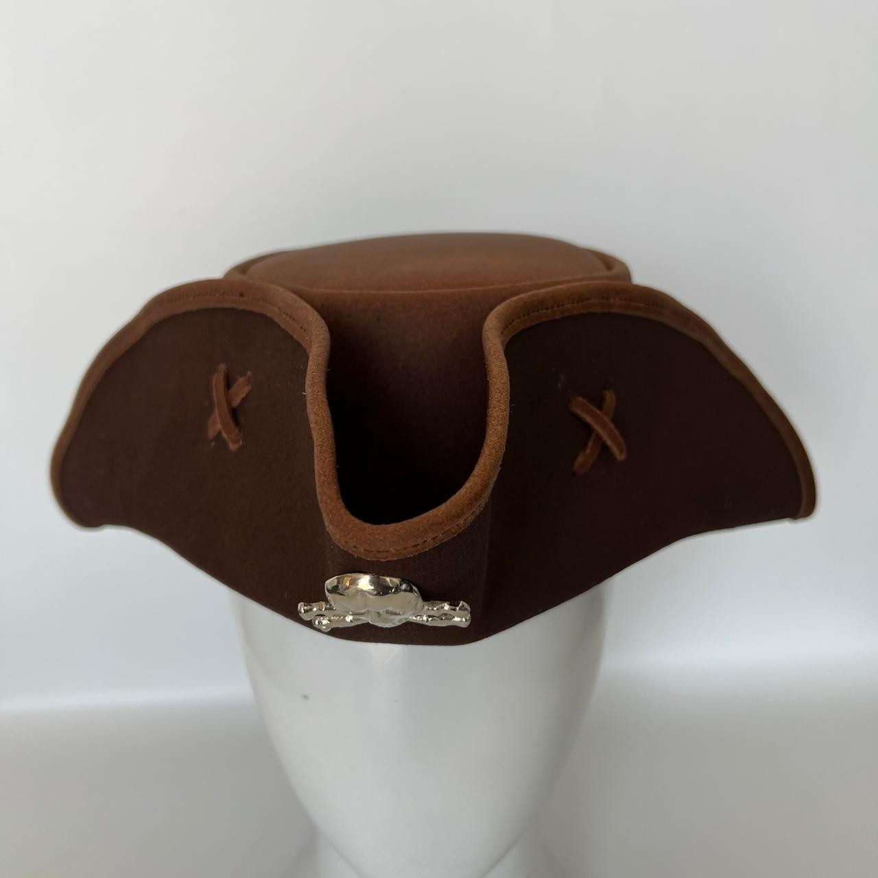 Brown Faux Leather Tricorn Pirate Hat Cross Stitch Handmade Costume LARP
