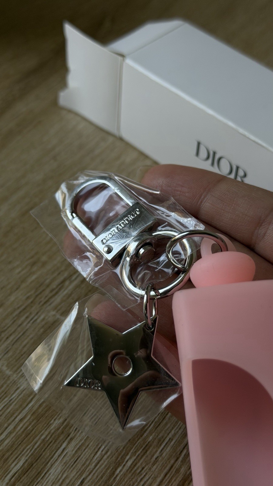 Dior Pink & Silver Star Charm Keyring Logo Accent Detachable Plastic Metal
