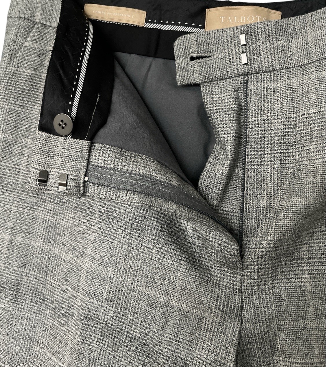 Talbots NWOT Italian Wool Gray Plaid Straight Leg Trouser Pants 14 Full Length