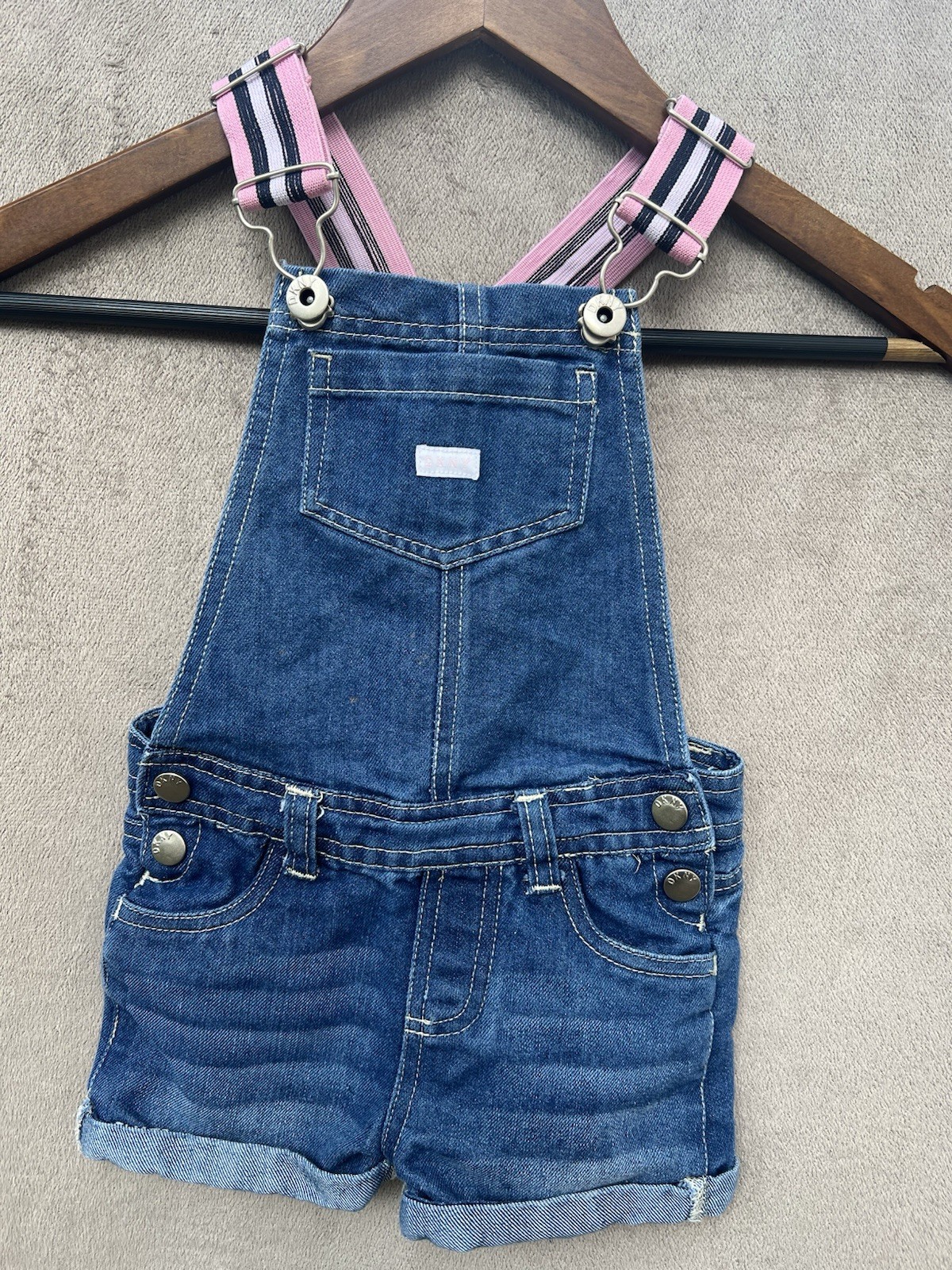 DKNY Baby Denim Shortalls Overalls Size 24M Blue Jean Pink Stripe Adjustable Leg
