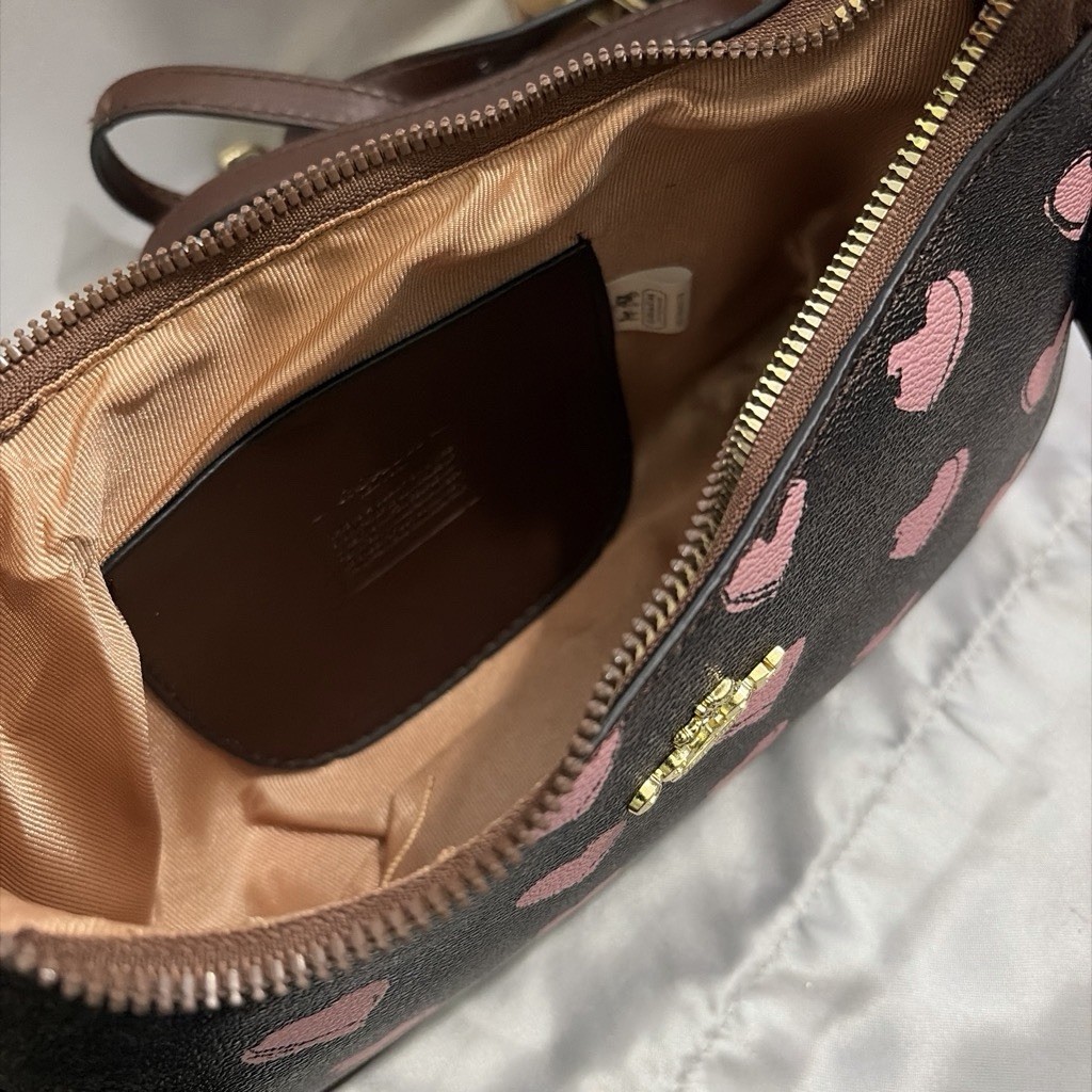 Coach Brown Pink Heart Print Zip Shoulder Bag Chain Strap Gold Hardware Charm