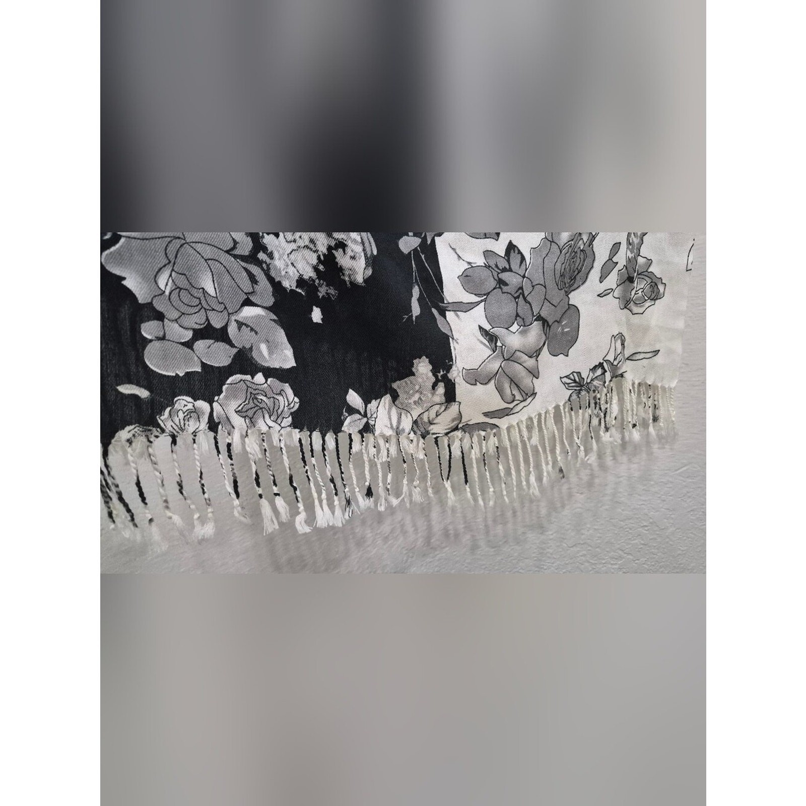 Black & White Floral Fringe Shawl Wrap | Elegant Lightweight Layering Scarf