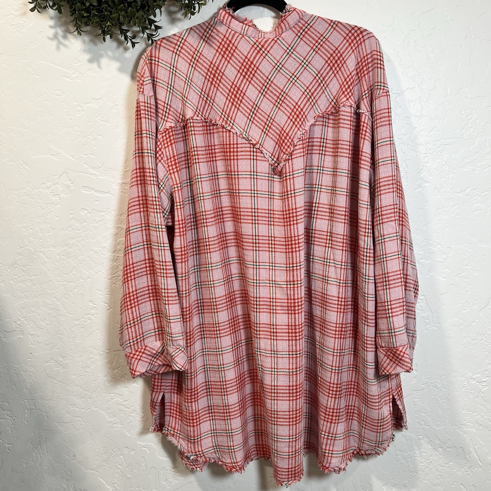 Free People Intimately On Repeat Pink Plaid Tunic Sleep Shirt Dress Large Flaw