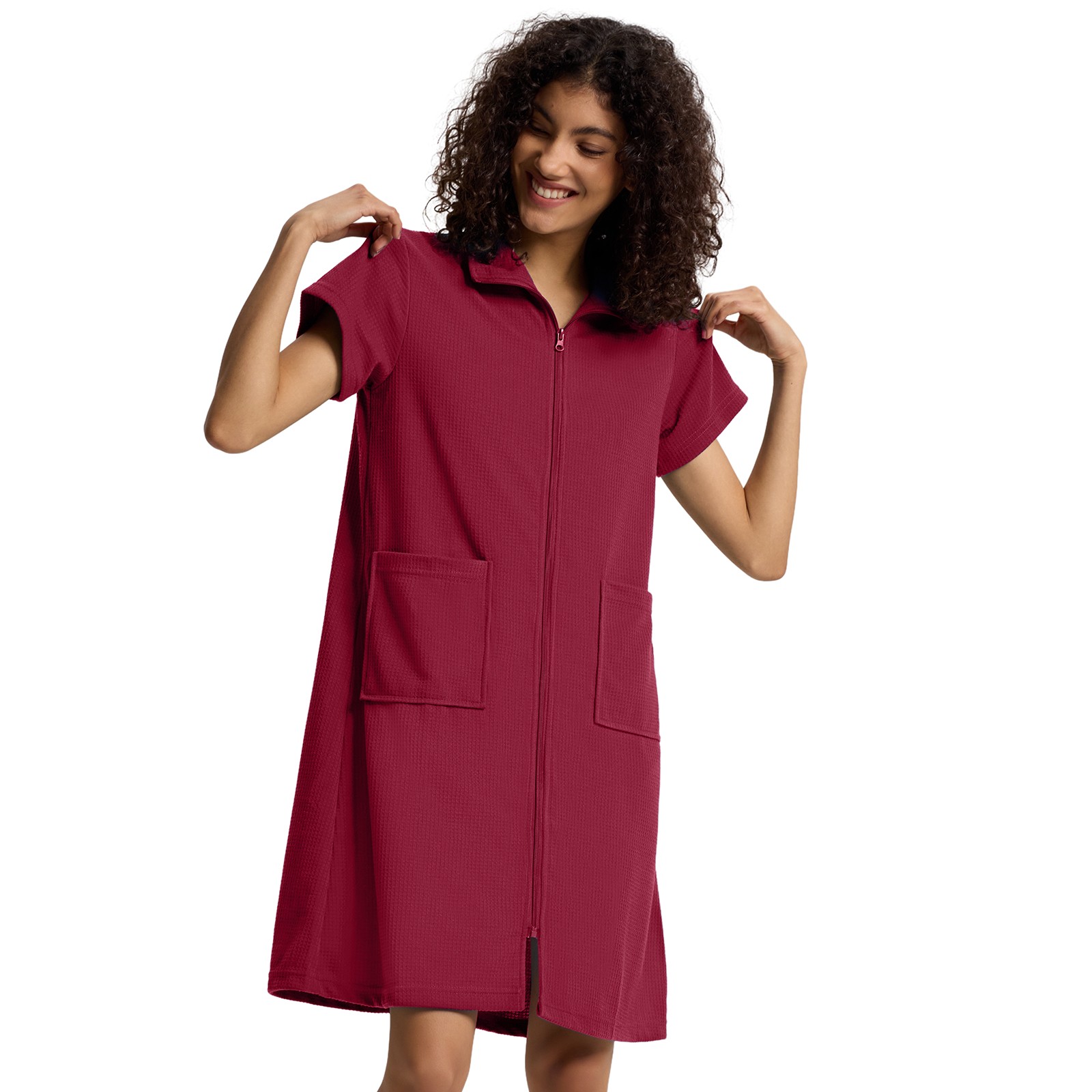 SIORO Women Zip-Front Robes Short Sleeve Bathrobes Waffle House Coat Loungewear