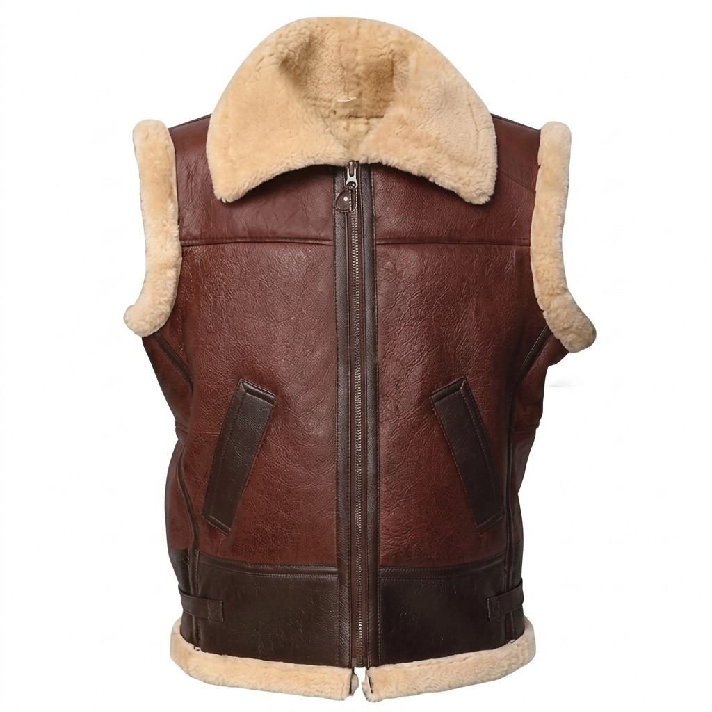 Men B3 Bomber Shearling Leather Vest Aviator Sheepskin Fur Lined Gilet Jacket