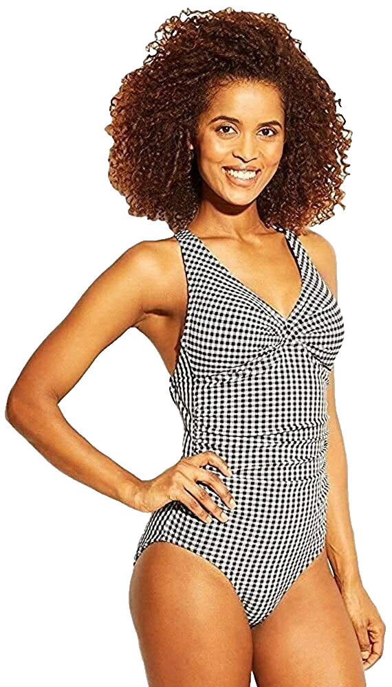 Kona Sol V-Neck Fully Lined Shirred Seersucker One Piece Black/White) L NWT