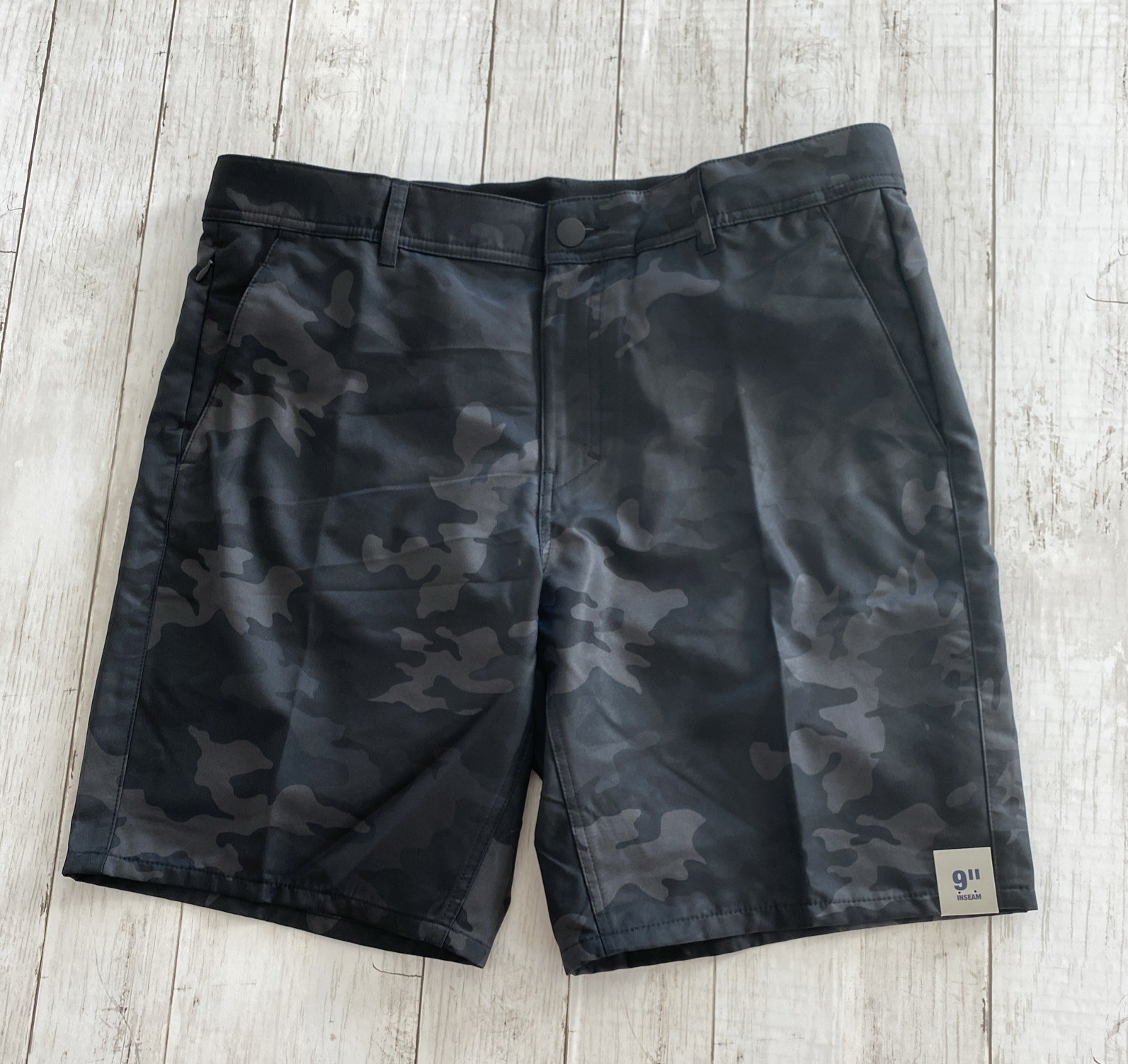 George Men’s Commuter Shorts 9” Stretch Twill Media Pocket Black Camo Size 38