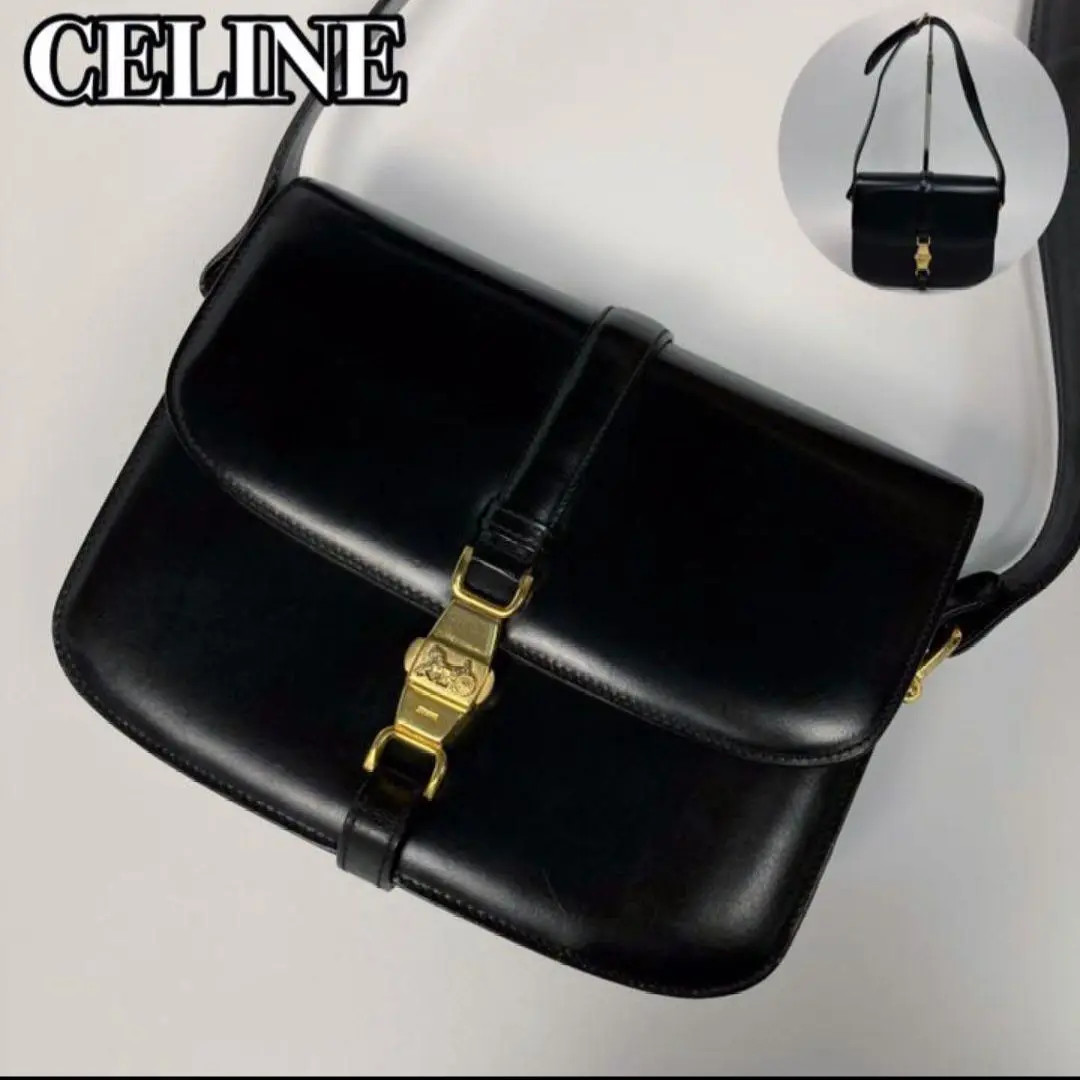 Celine Shoulder Bag Carriage Logo Box Calf Leather Vintage Rare Japan Used FS
