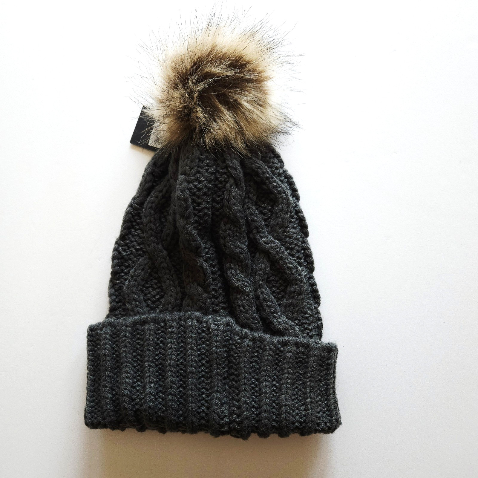 Grey Cable Knit Hat with Fluffy Pom OS Beanie Cold Weather Cap Cottagecore