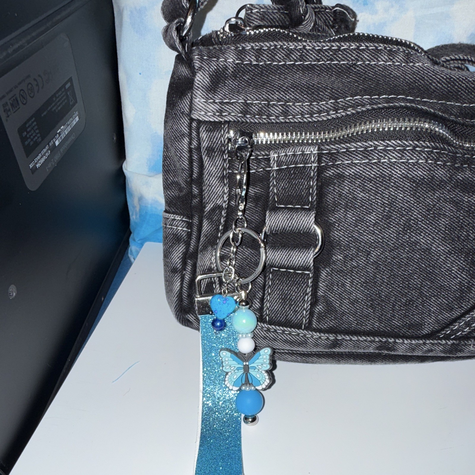 Blue Glitter Wristlet Strap Key Chain/Bag Charm w/Butterfly Heart Beads