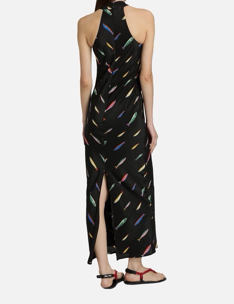 NWT Staud Women’s Black Silk Pop Sardine Print Halter Winnie Maxi Dress Size 4