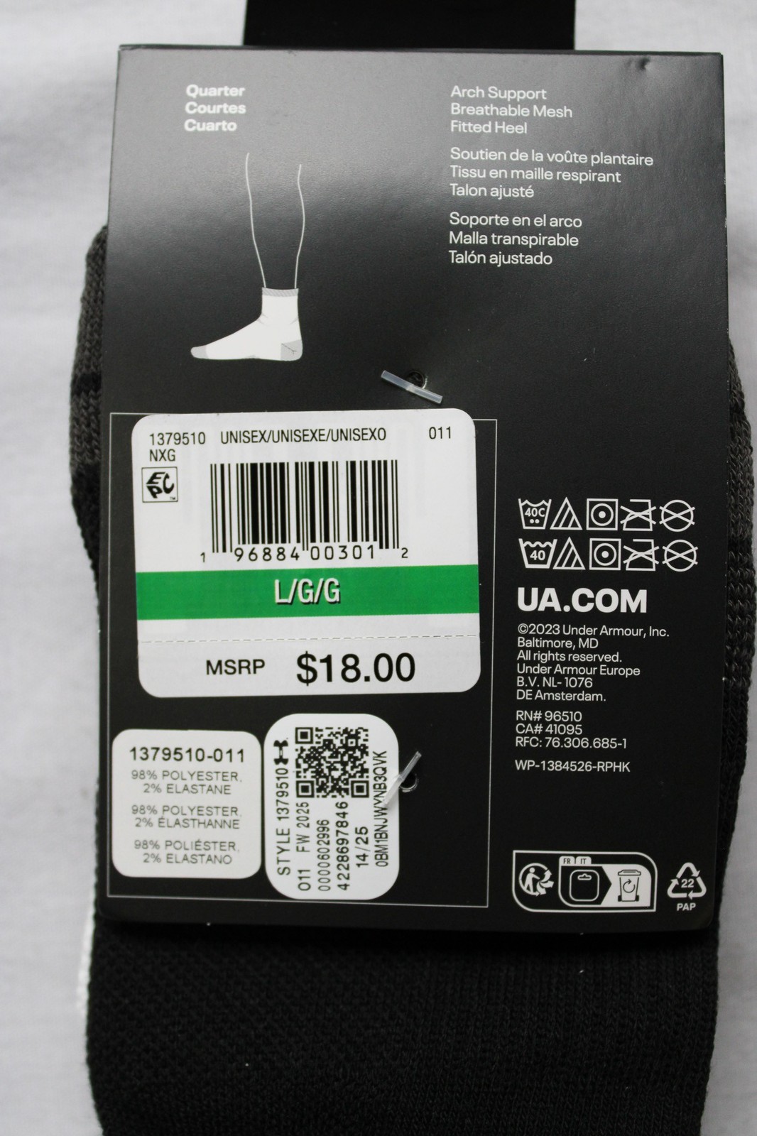 Under Armour Unisex 3-Pk UA Performance Tech Quarter Crew Socks ZG3 Grey Large
