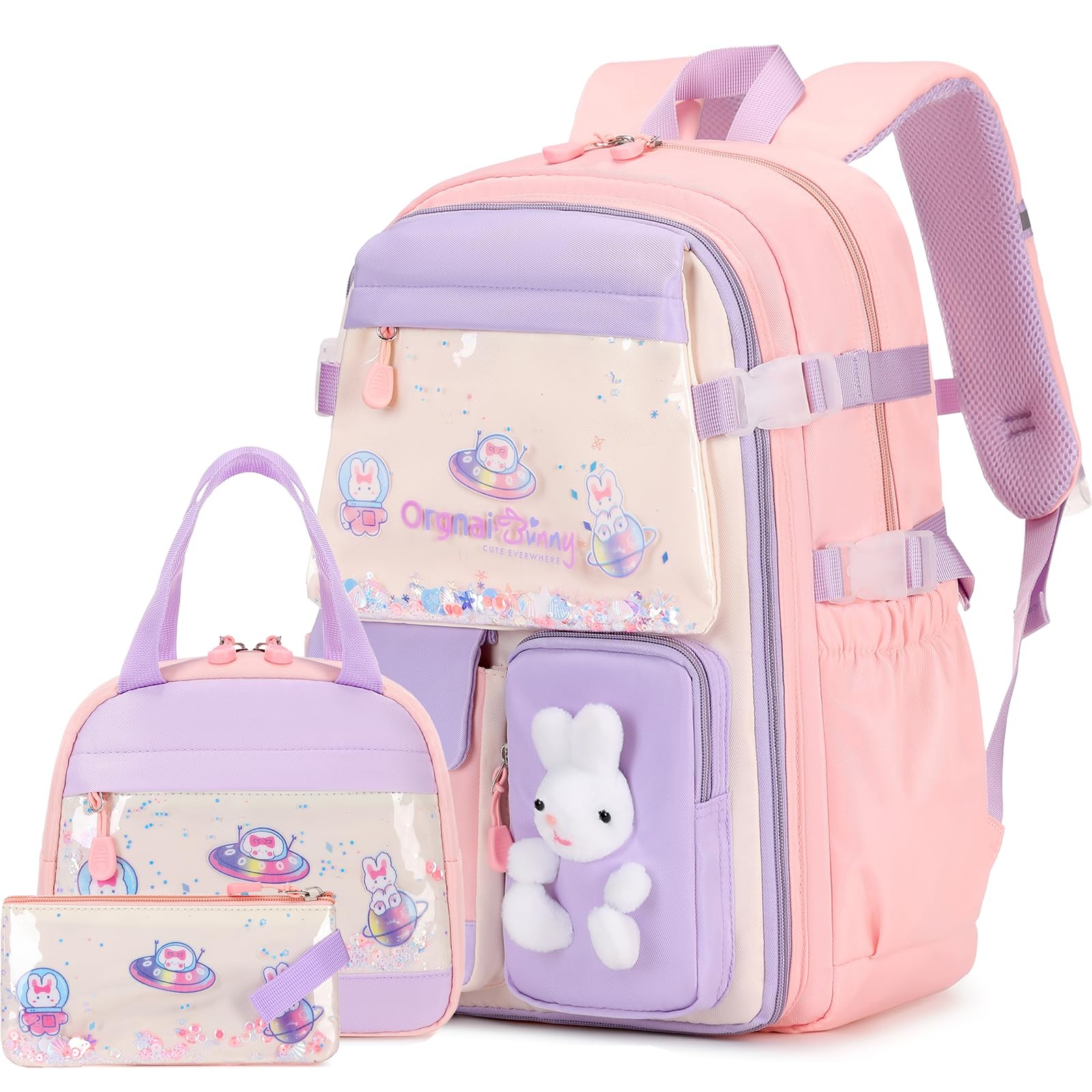 Kawaii Cute Bunny Backpack Set with Lunch Box & Pencil Case for Girls School