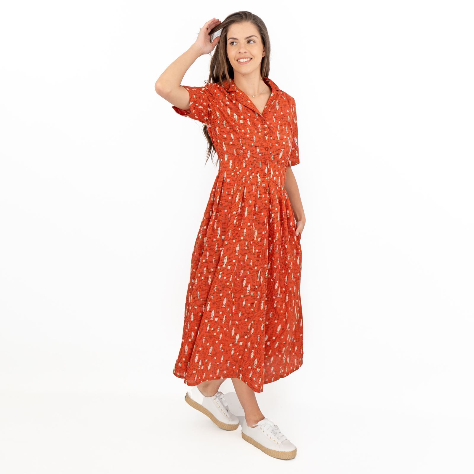 Seasalt Womens Dress Charlotte Fish Orange Cotton Midi Fit & Flare Pockets
