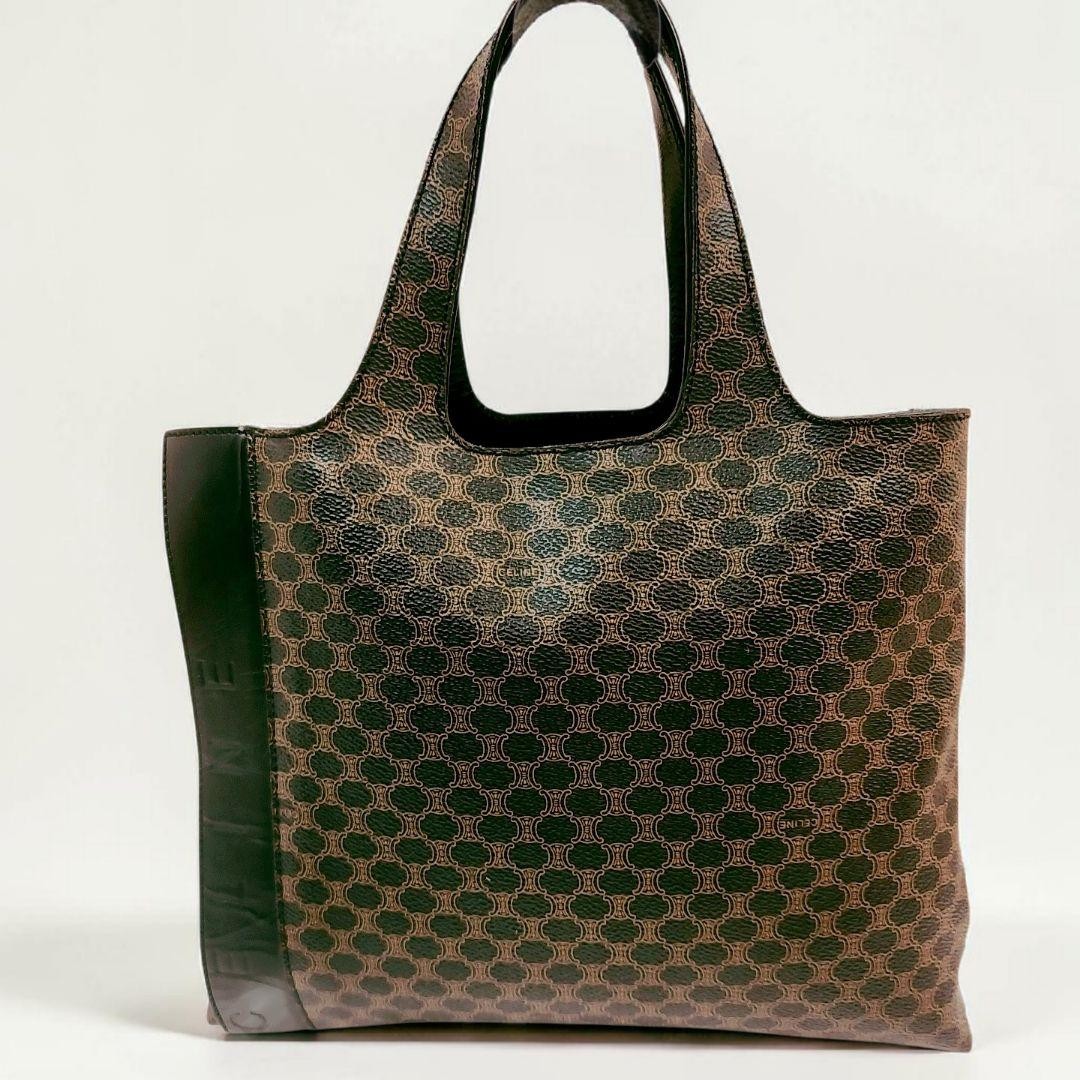 CELINE Macadam Triomphe Leather PVC Handbag Black Brown Vintage Authentic